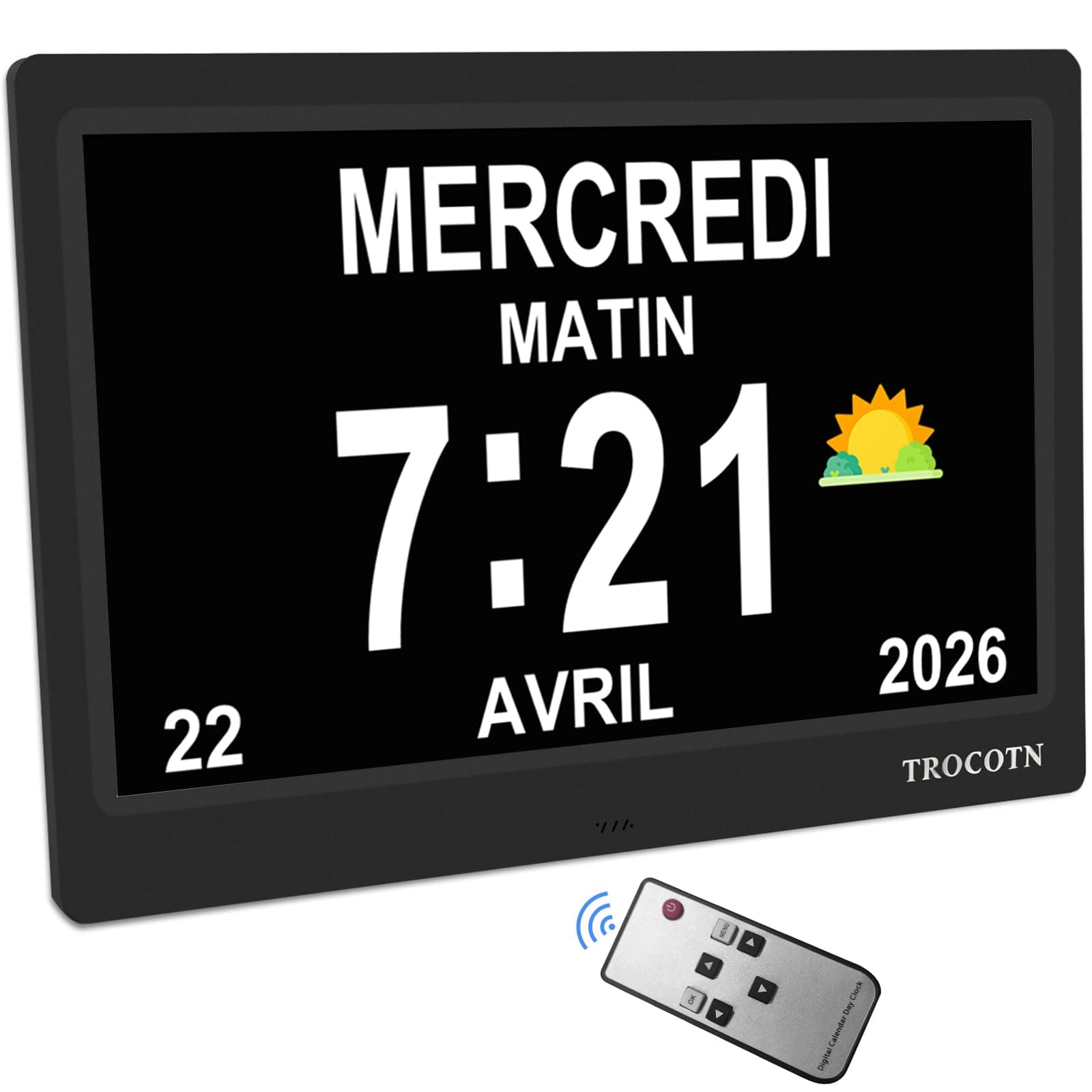 TROCOTN Horloge numérique Grand écran avec Calendrier pour Seniors, icônes Soleil et Lune, Heure d'été Automatique, Mode Nuit avec Gradation, Affichage Multicolore, Facile à Lire (10 Pouces, Noir, 1)