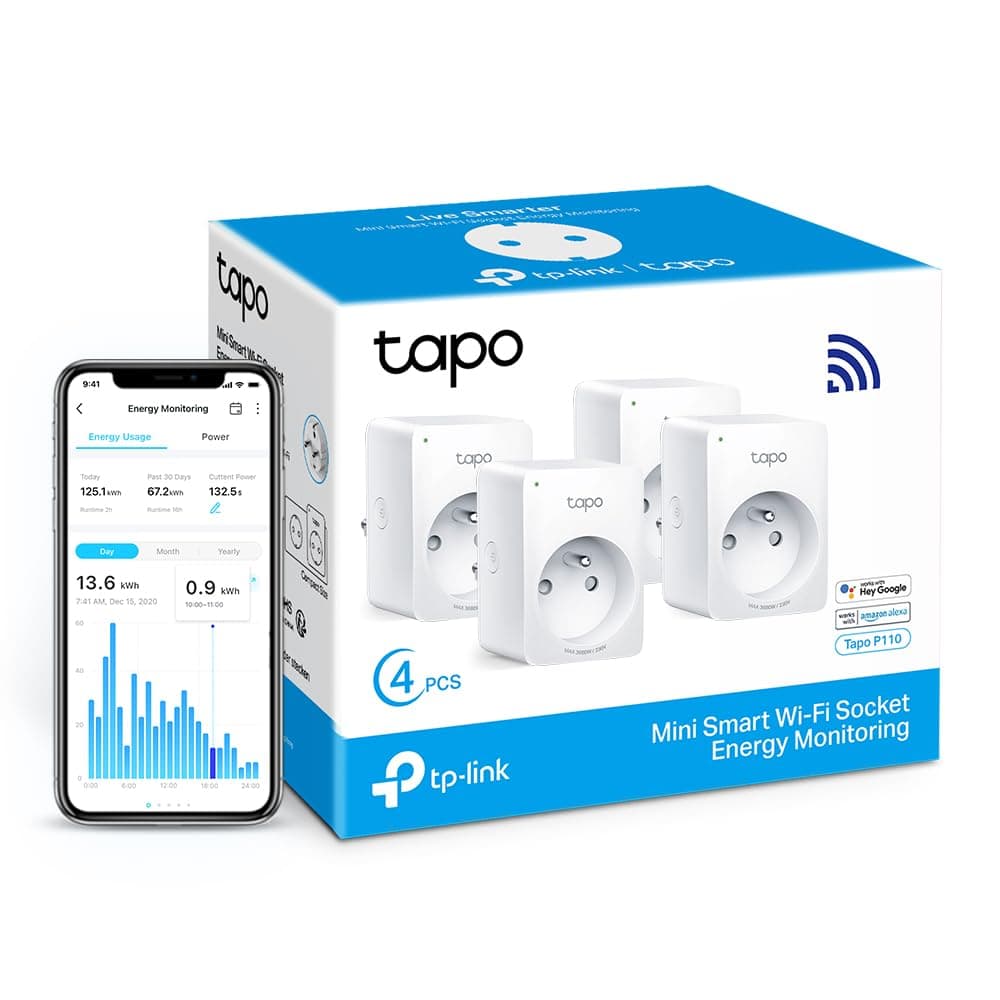 Tapo Prise Connectée WiFi, Suivi de consommation, 16A Type E, compatible avec Alexa et Google Home, Contrôler le radiateur, le chauffage, Économie d'énergie, Commande vocale, Tapo P110(4-pack)(FR)