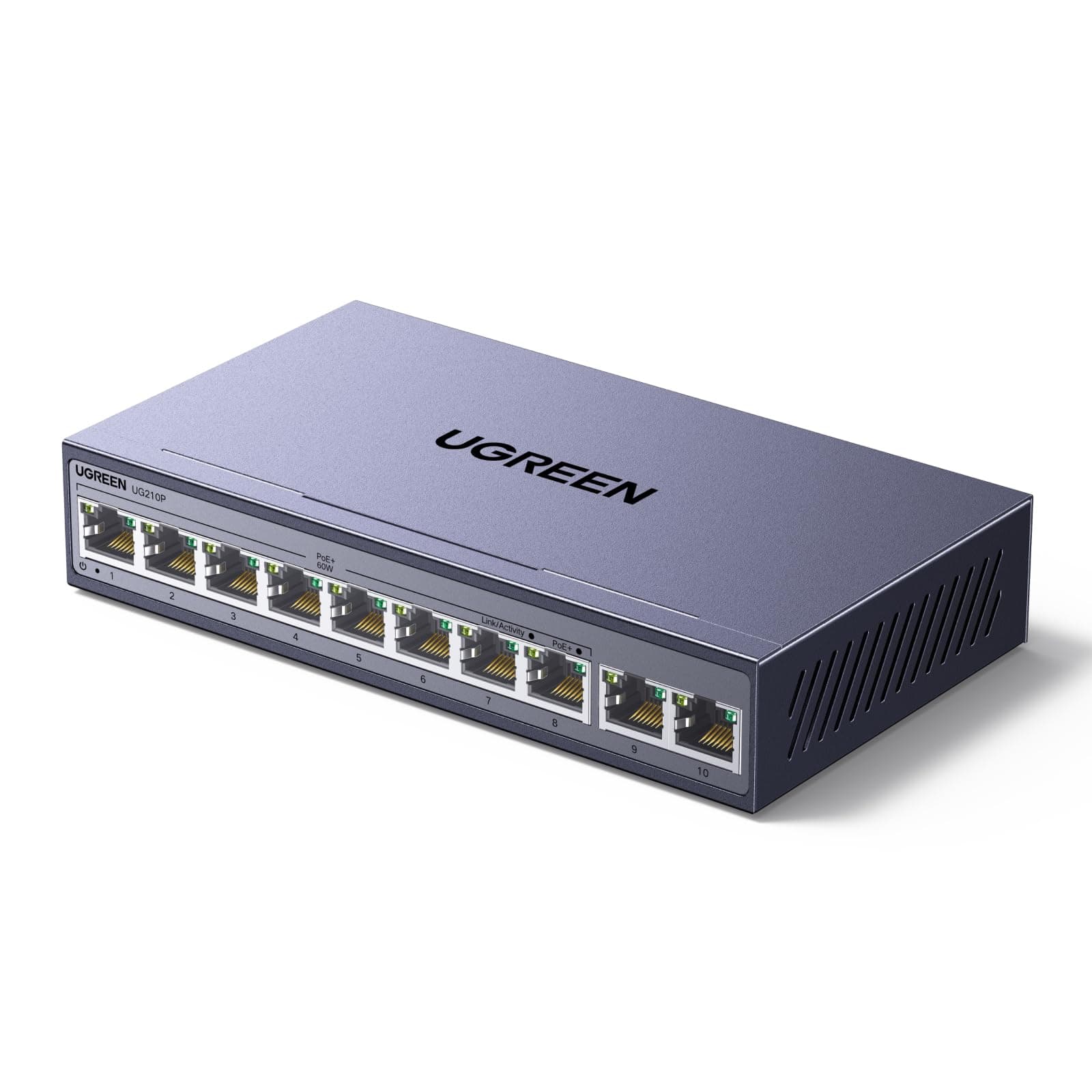 UGREEN 10 Puertos Gigabit PoE LAN Switch con 8 PoE Switch + 2 Gigabit-Uplink 60W Potencia Total para Todos los Puertos PoE, Switch de Red para NVR, Cámaras IP, No Gestionado con Carcasa Metálica