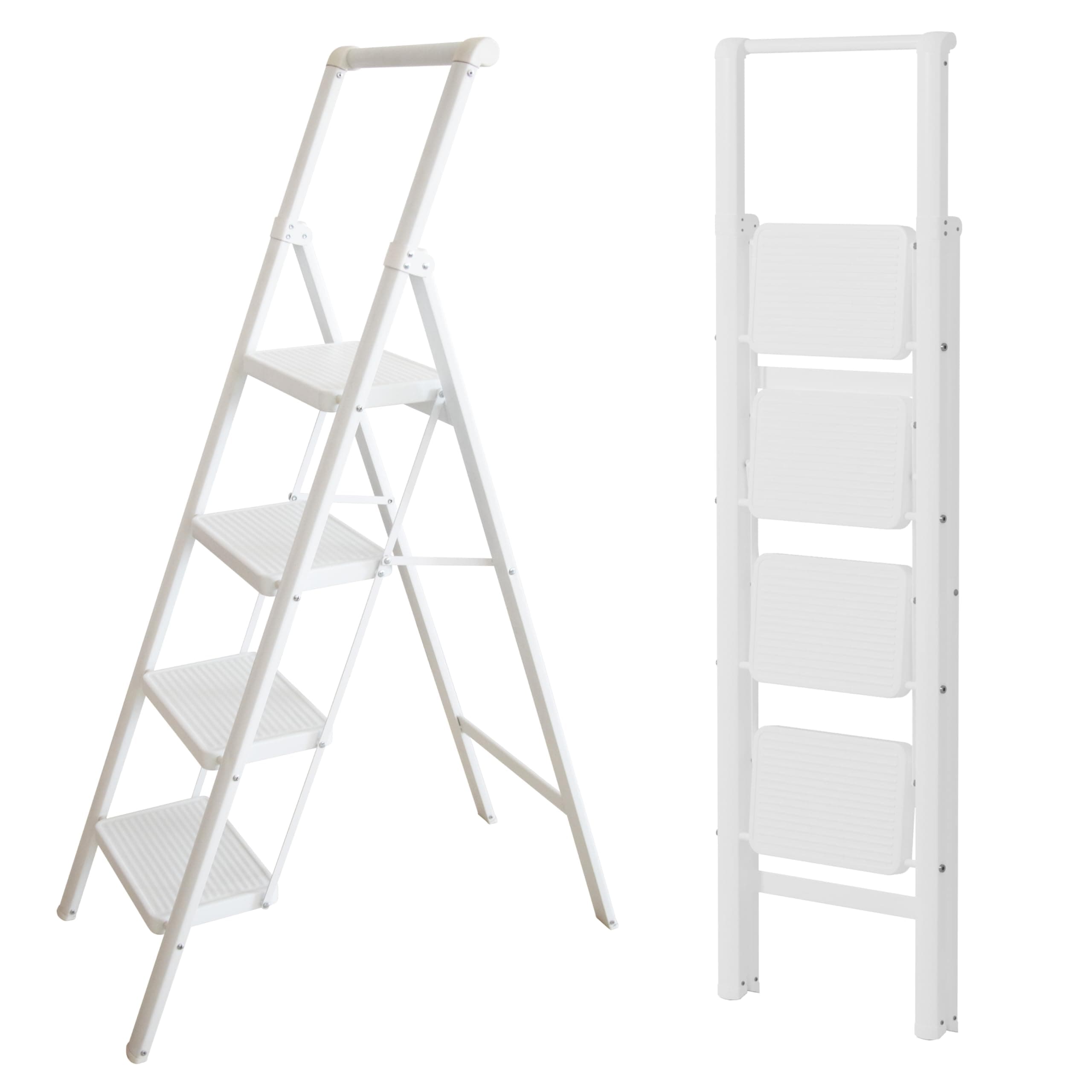UABA Escalera Plegable 4 peldaños Blanca, Ligera y compacta 5 cm, peldaños Anchos Antideslizantes, EN 131