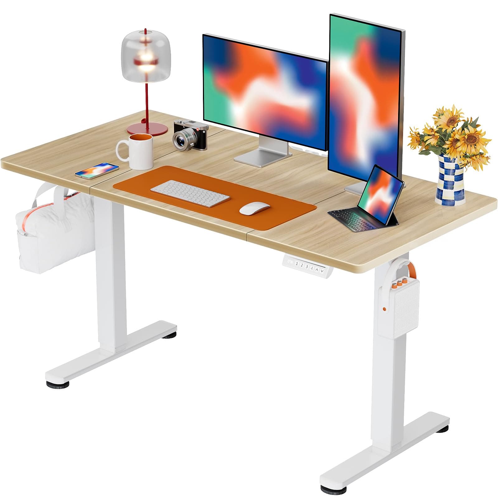 ErGear Escritorio Elevable Eléctrico, Mesa Ajustable en Altura, Mesa de Oficina con Panel Inteligente de 4 Memorias, Escritorio con Gancho para Mochila y Tablero de Dos Paneles (Beige, 120x60 cm)