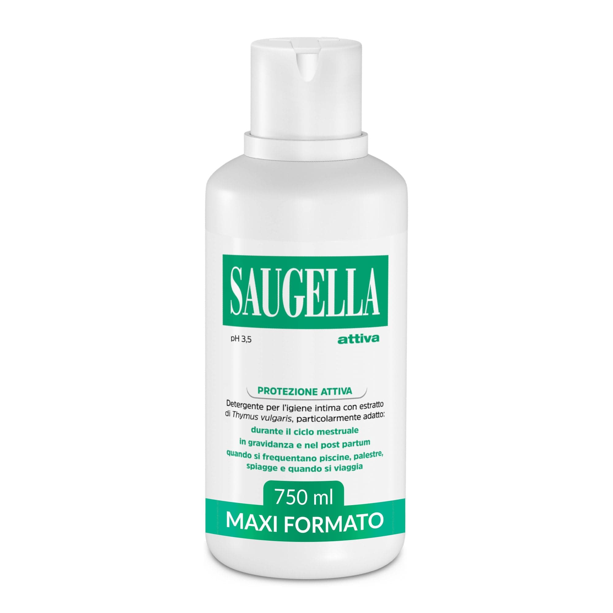 Saugella Attiva, Detergente Intimo Antibatterico, pH 3.5, con Estratto di Timo, Adatto Post Parto, in Gravidanza e Durante il Ciclo Mestruale, 750 ml