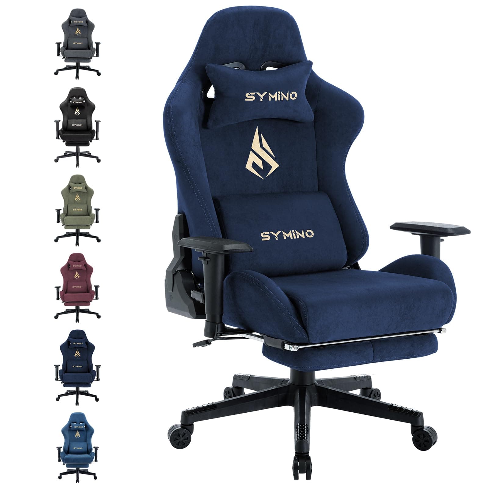 Symino Chaise Gaming Ergonomique et Fauteuil Gamer avec Repose-Pieds Télescopique Coussin à Ressorts, Support Lombaire et Hauteur Réglable 200kg (Faux Daim, Bleu Foncé)