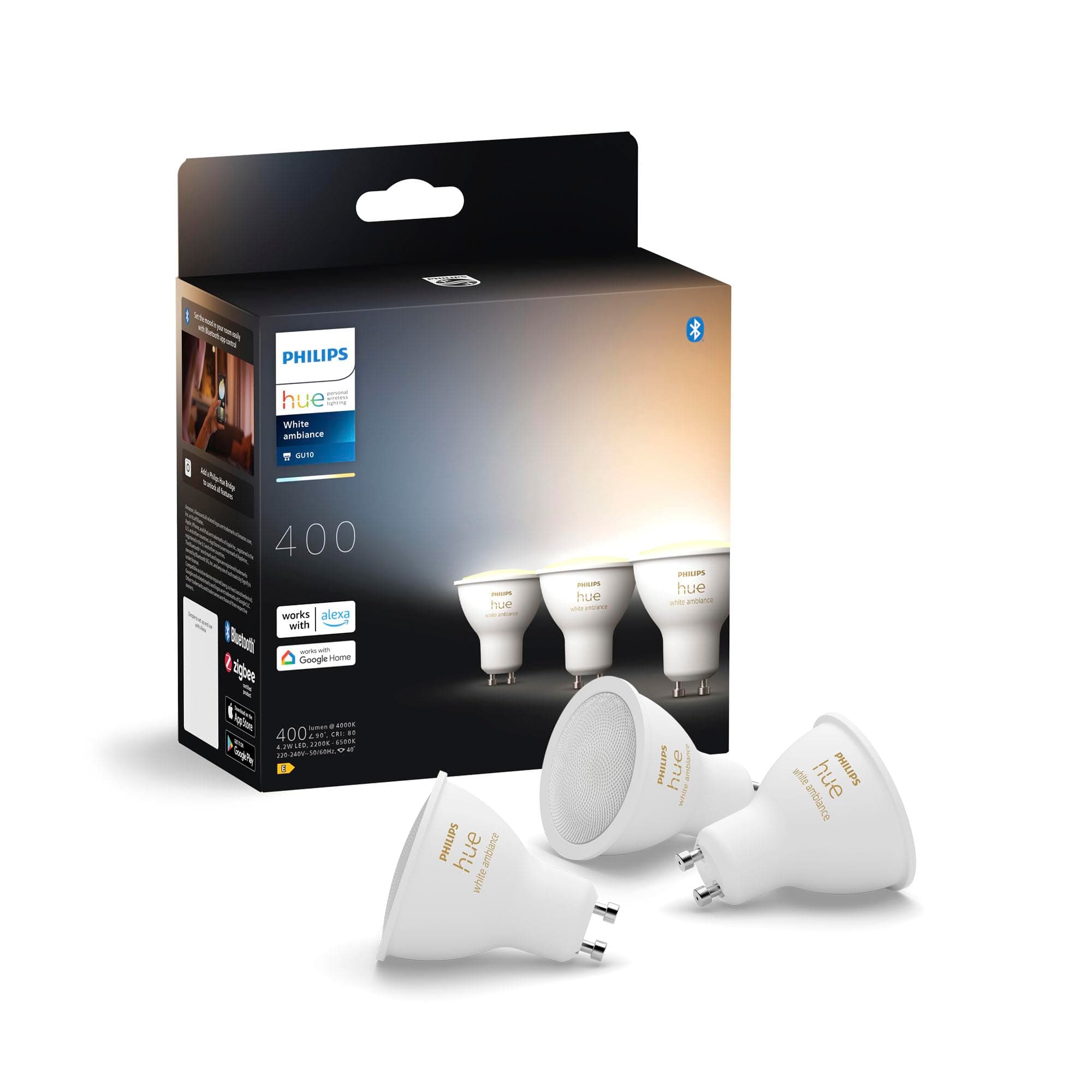 Philips Hue White Ambiance GU10 LED Spot 3er Pack (400lm), dimmbare LED Lampen für das Hue Lichtsystem, warmweißes- bis katlweißes Licht, smarte Lichtsteuerung über Sprache und App