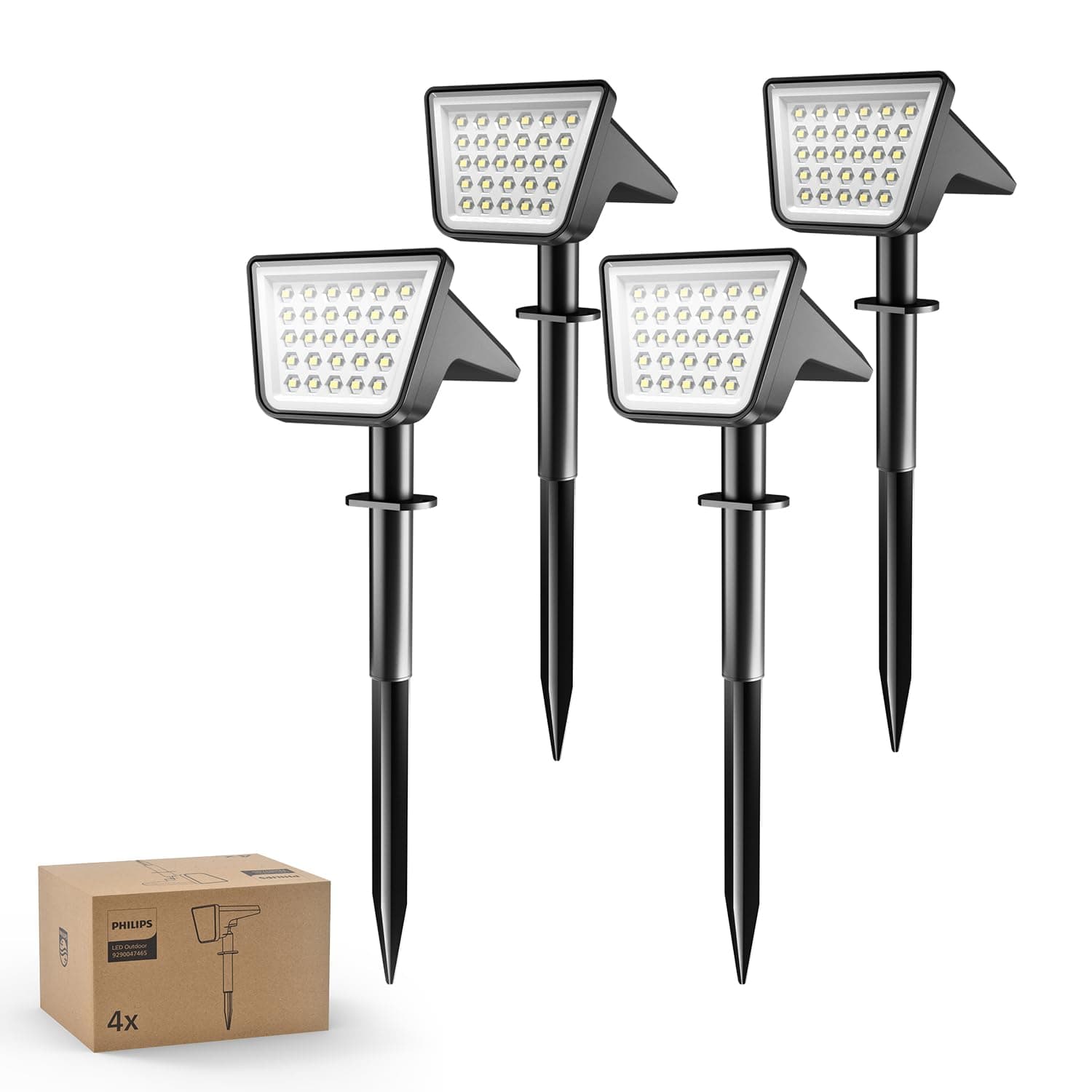 Philips Lot de 4 Projecteurs Spots Lampes Solaires d'Extérieur Étanches, 28 LED 7500K, Éclairage Paysager pour Jardin, Allée et Pelouse, Fonction Crépuscule à l'Aube