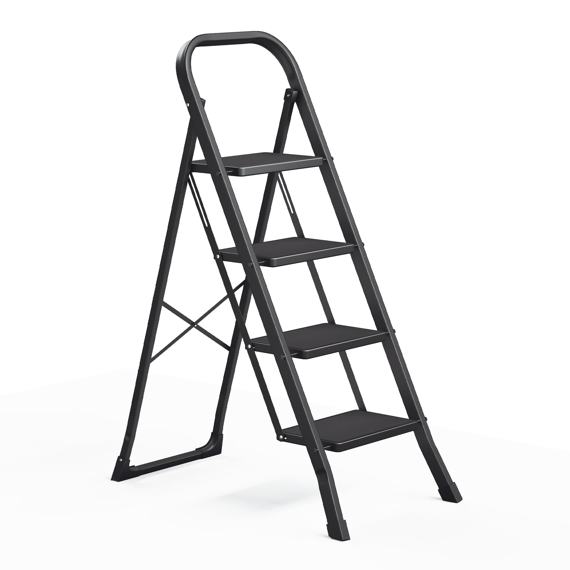 SONGMICS Escalera de Tijera, Escalera con 4 Peldaños, Peldaño Plegable, Bloqueo de Seguridad, Fácil de Guardar, Carga hasta 150 kg, Negro GSL004BZ01