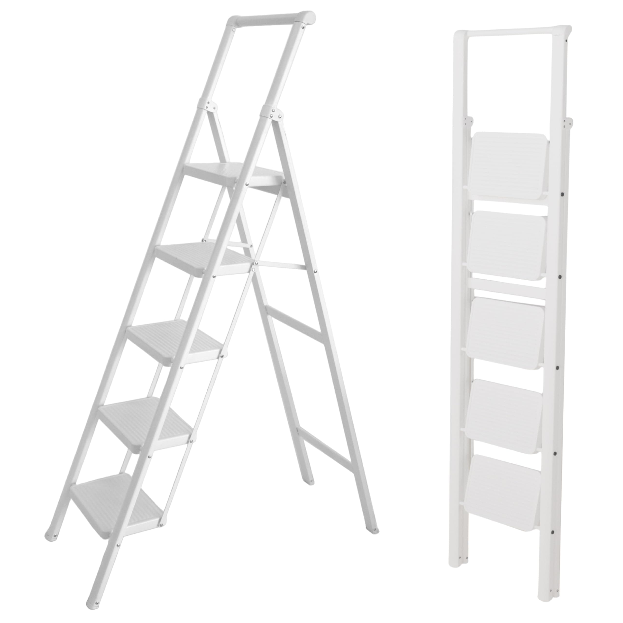 UABA Escalera Plegable 5 peldaños Blanca, Liviana y Estable, peldaños Anchos Antideslizantes, EN 131 150 kg