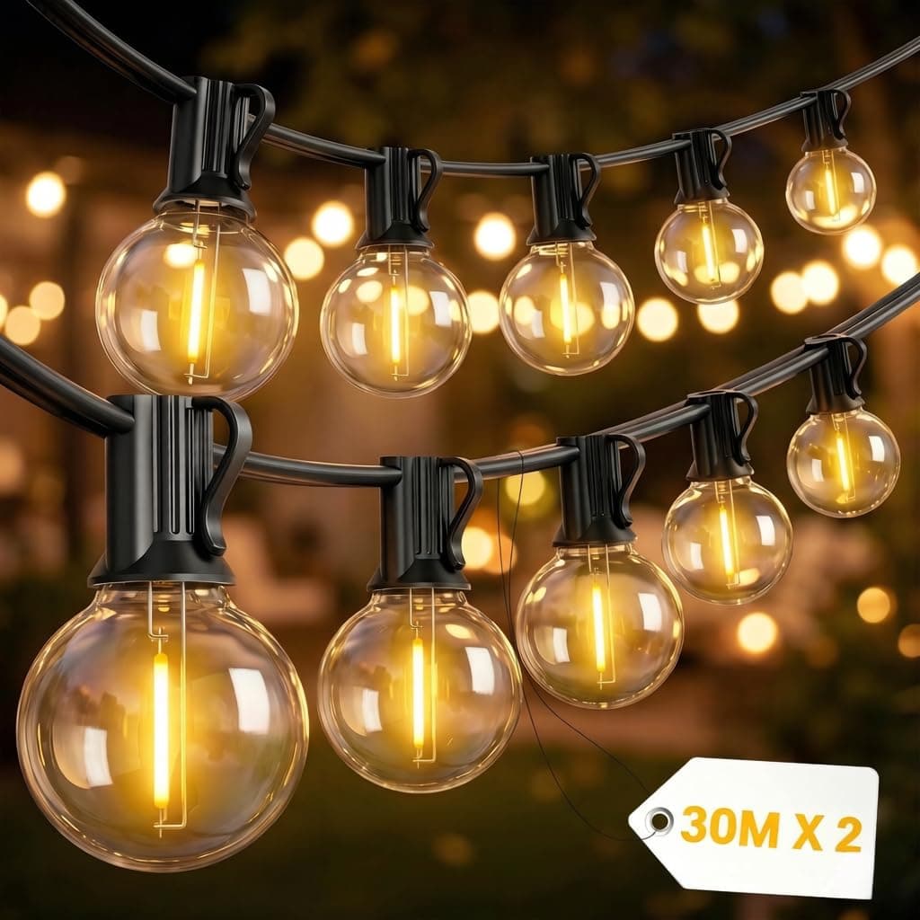 Yuucio Guirlande Lumineuse Exterieure, 60M G40 LED Guirlande Guinguette Exterieur 100+4 Ampoules Étanche IP44 Guirlande Raccordable pour Jardin,Fête,Terrasse, 2700K Blanc Chaud(2X30M)