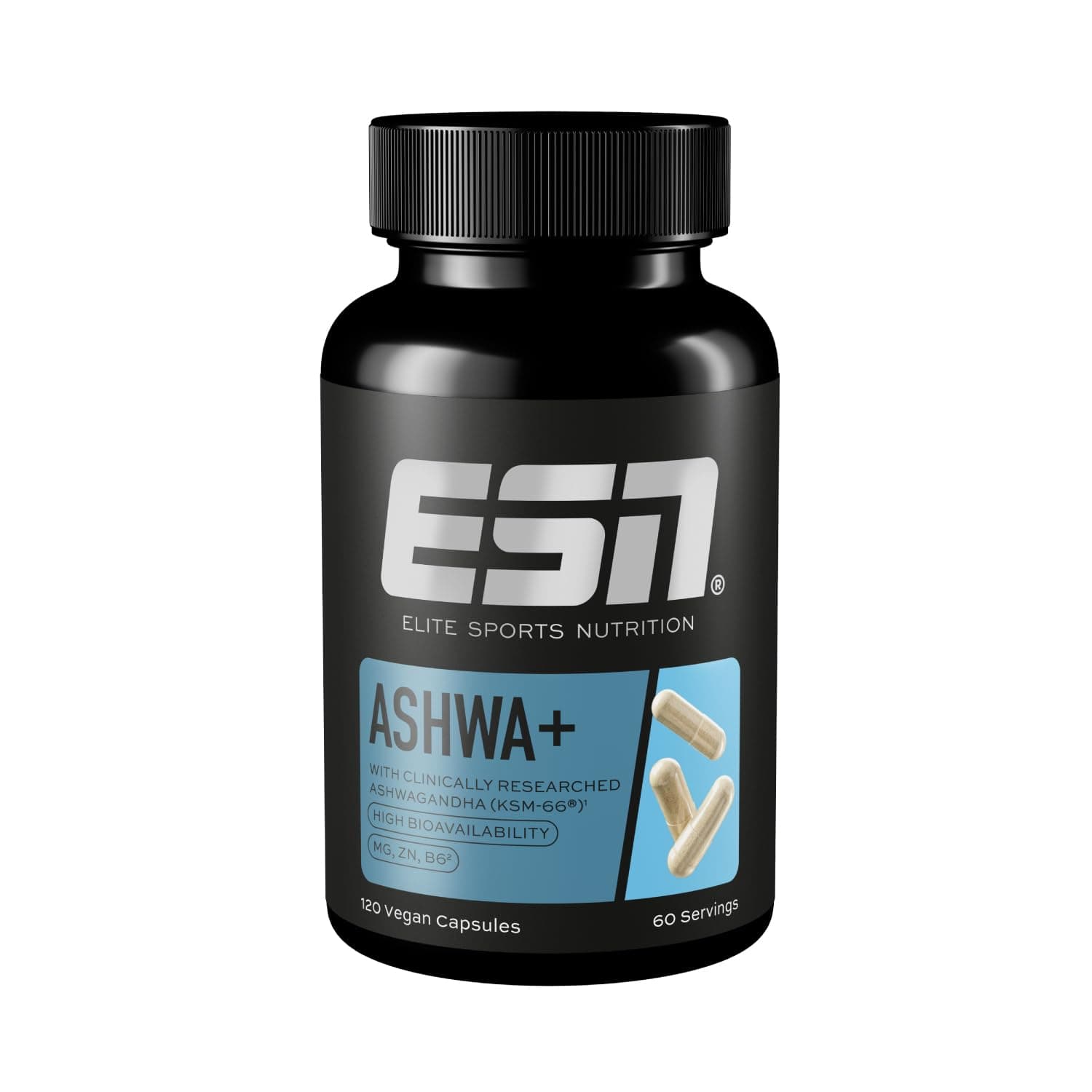 ESN Ashwa +, ashwagandha hautement dosé, KSM 66® breveté, 120 gélules, avec magnésium, vitamine B6 et zinc - fabriqué en Allemagne | Magnésium, zinc et vitamine B6 - 600 mg par dose journalière dont 5 % withanolides - végétalien - 120 gélules - 60 portions