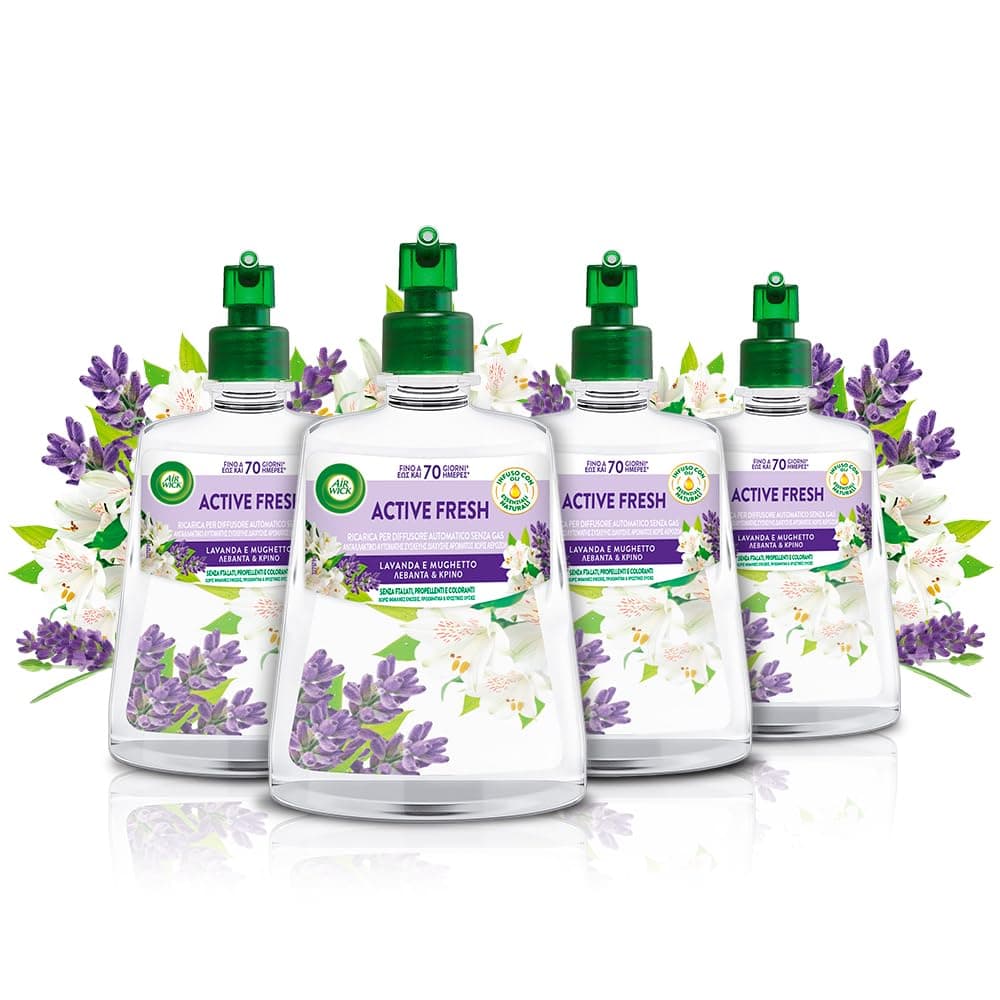 AirWick Active Fresh Deodorante per Ambienti, 4 Ricariche per Diffusore Spray Automatico senza Gas alla fragranza Lavanda e Mughetto 228ml, Profumatore Ambienti Neutralizza Odori 24/7