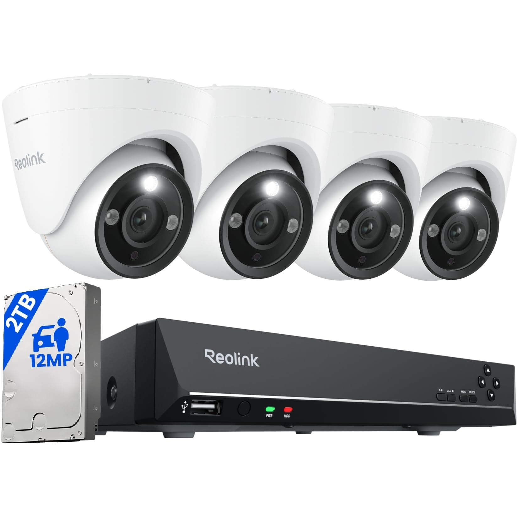 Reolink 12MP Kit Camaras de Vigilancia Exterior con Spotlight, 4X IP PoE Cámaras de Seguridad con HDD de 2TB para Grabación Continua, Visión Nocturna Colorida, Audio bidireccional, RLK8-1200D4-A