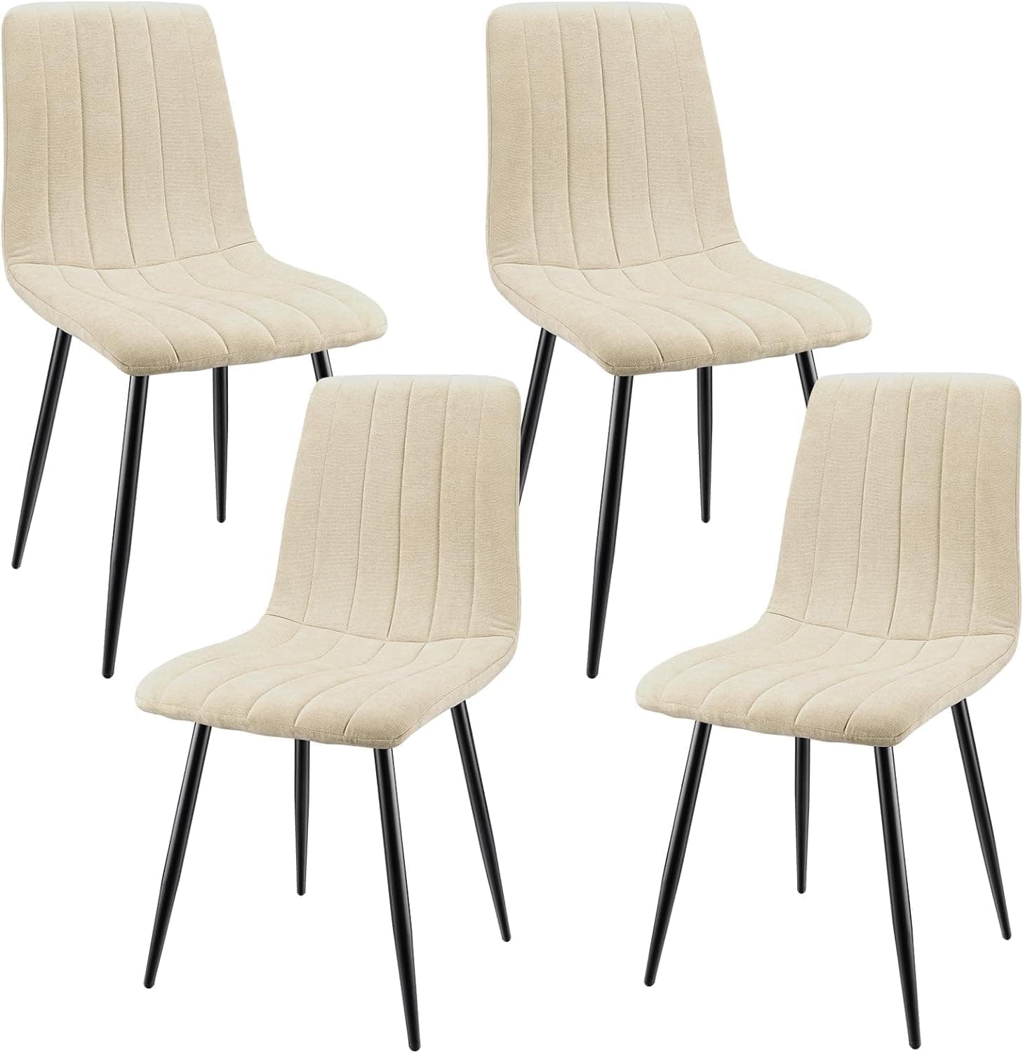 JIJIAN Pack de 4 Sillas de Comedor, Sillas de Cocina Tapizadas de Lino con Patas de Metal Negro, Acolchadas con Diseño de Costuras Verticales, para Cocina, Dormitorio y Recepción, Beige