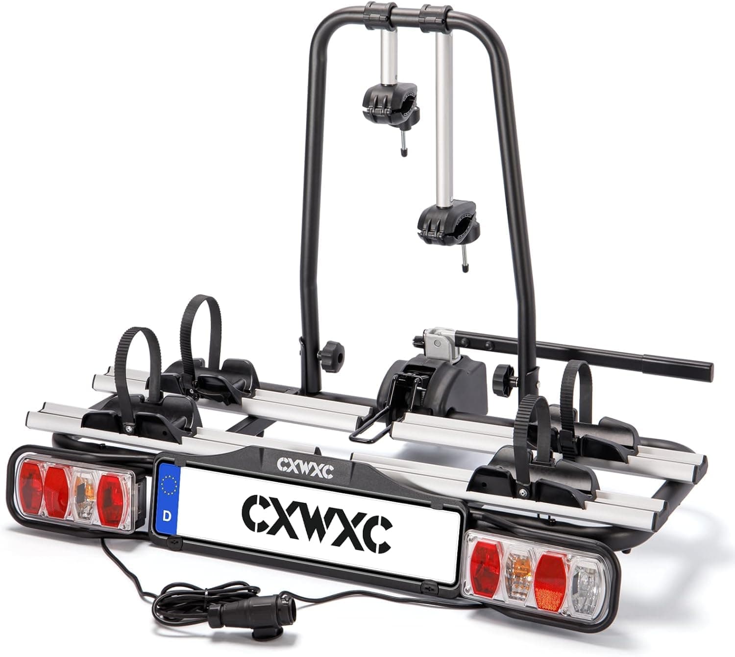 CXWXC Porte vélo électrique pour attelage de remorque 2 vélos, Charge utile maximale 60 kg, Porte-vélos d'attelage de remorque avec feu arrière (Noir)