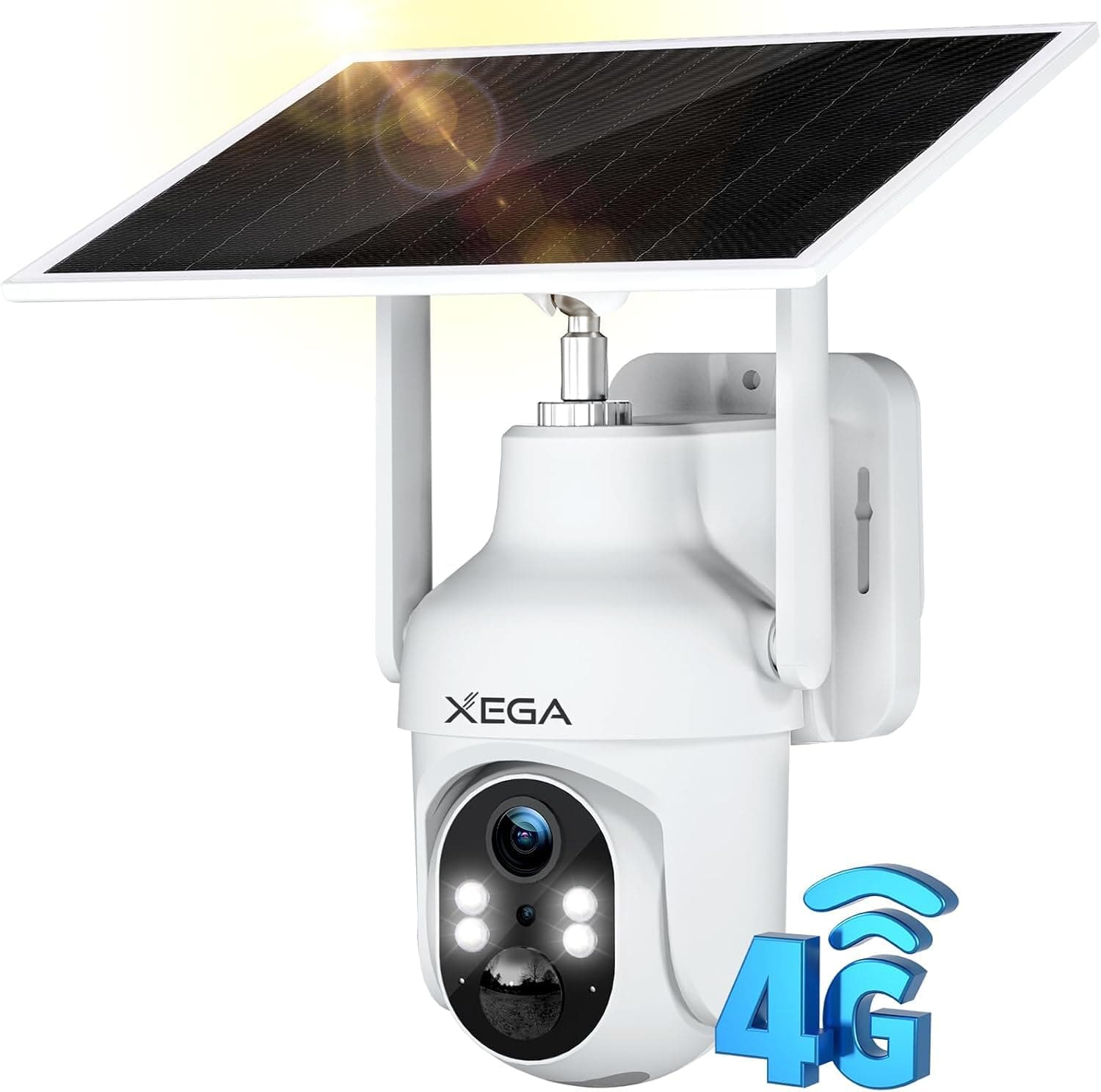 Xega 4G LTE Camara Solar con Tarjeta SIM, 2K HD PTZ Camara Exterior Panel Solar 6W Baterías 10400mAh, Foco y Sirena Visión Nocturna en Color PIR Detección Humana Almacenamiento TF/Cloud IP66