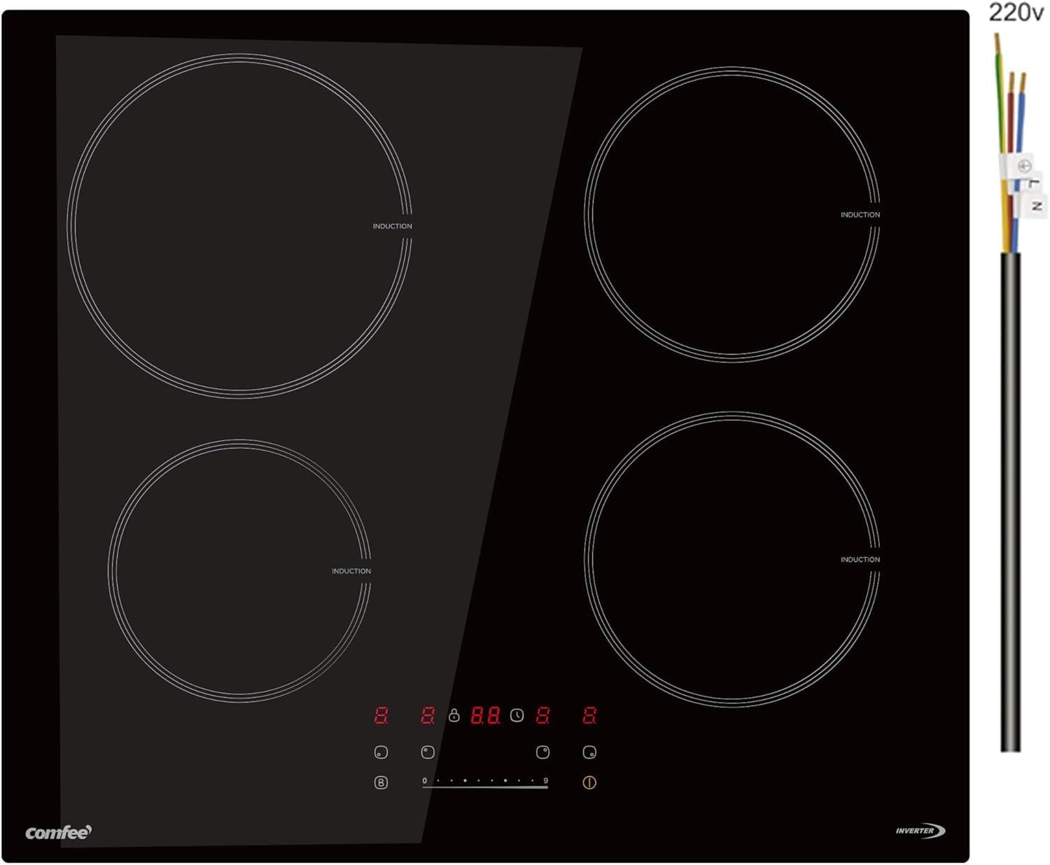 COMFEE' CIH741F238K0 7200W Piano Cottura a Induzione con 4 Fuochi di Cottura, 9 Livelli di Potenza, Area Riscaldamento più Ampia del 20% con Funzione Boost, Controllo Touch, Blocco Bambino