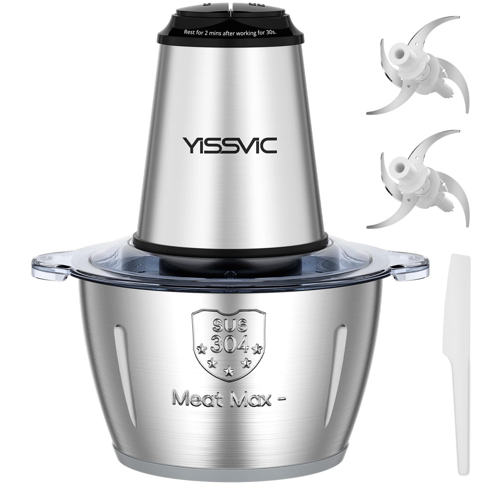 YISSVIC Tritatutto da Cucina Elettrico 2L, 500W, 2 Velocità, 2×4 Lame, Ciotola in Acciaio Inox, Anello Antiscivolo, Lavabile in Lavastoviglie, per Frutta Verdura Carne Spezie