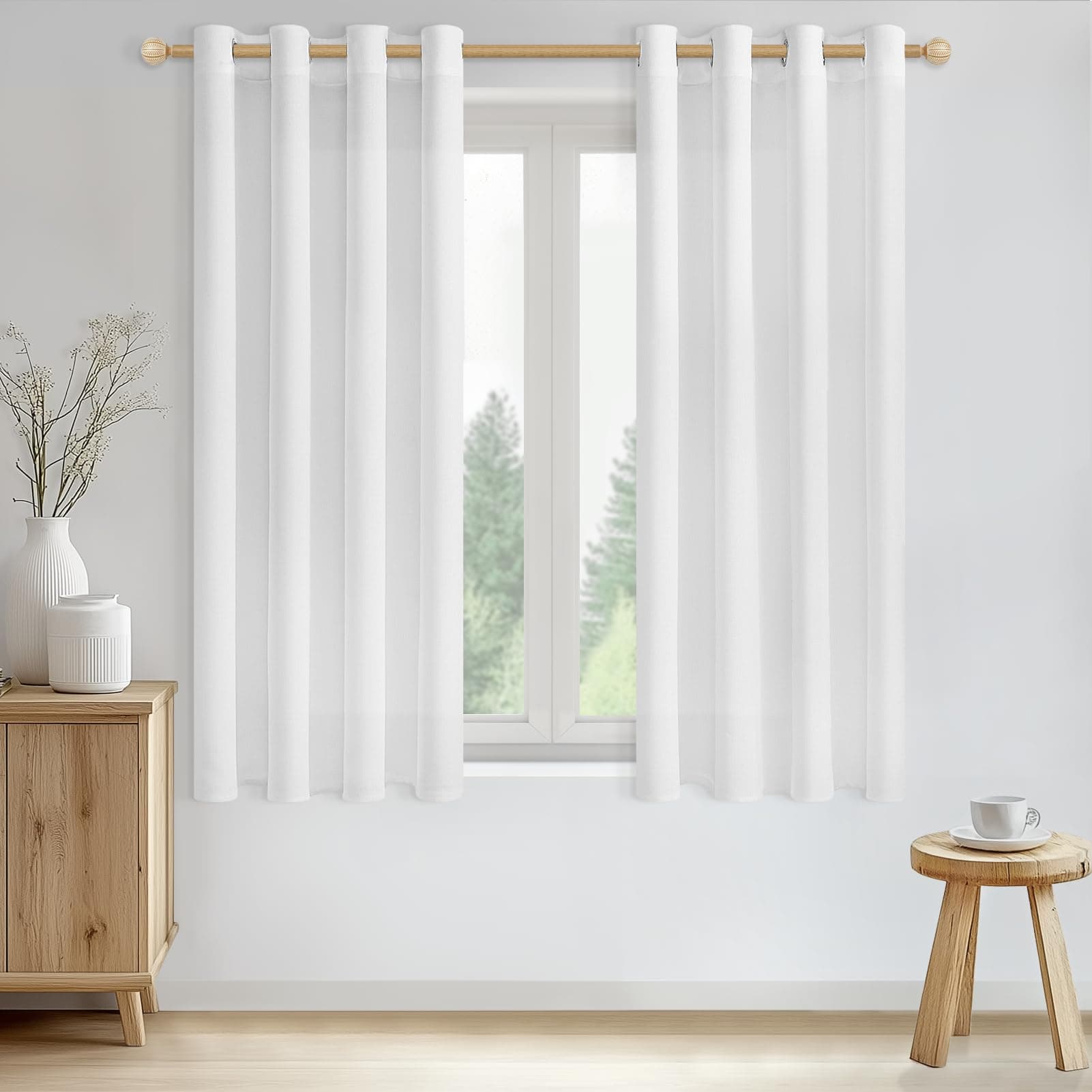 CUTEWIND Cortinas Lino Blancas Translucidas Cortas para Ventanas Cocina 140x160 CM Cortinas Salon Modernas 2 Piezas Cortina Visillo con Ojales para Dormitorio Comedor Habitacion