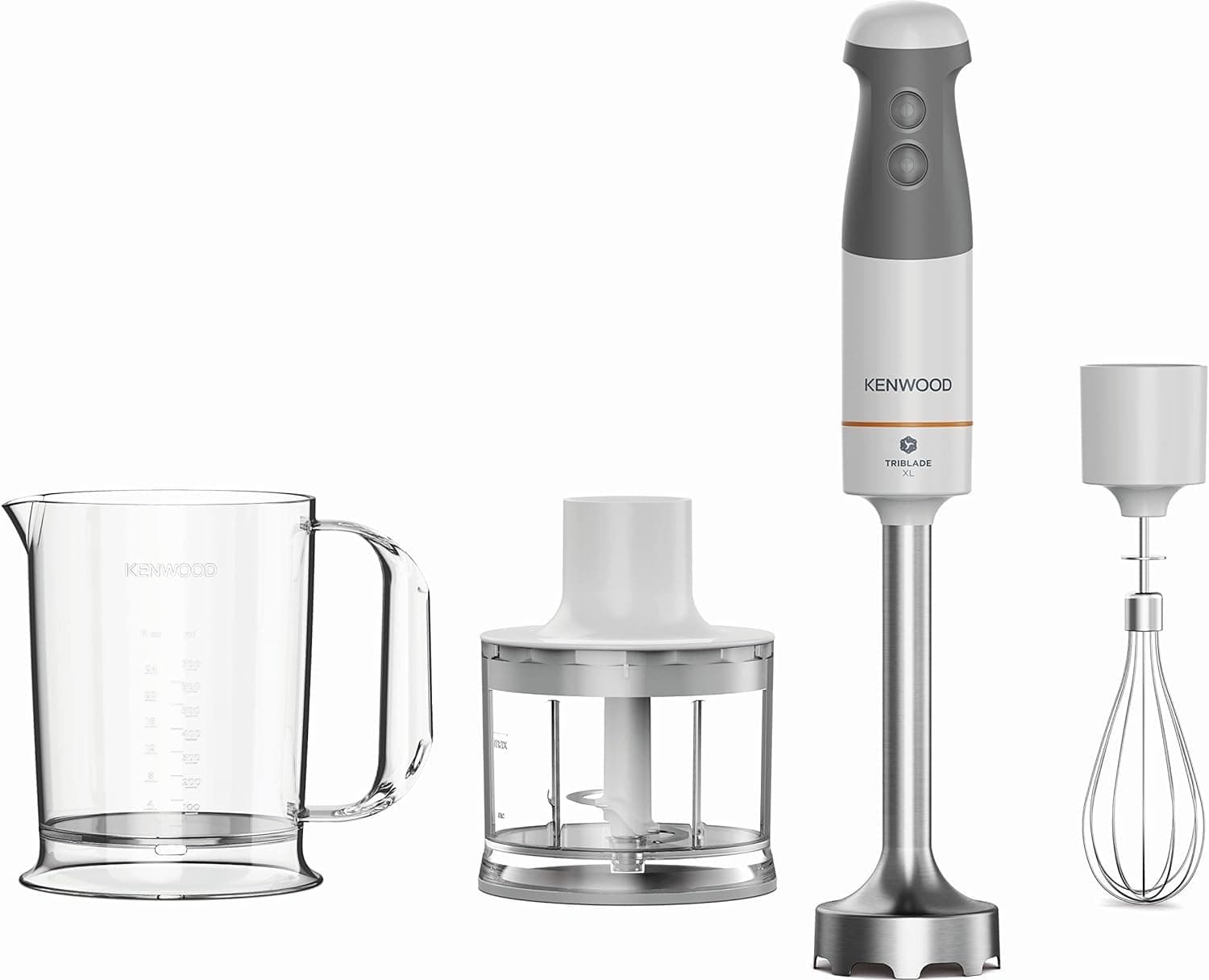 Kenwood Frullatore ad Immersione HBM40.302WH, Sistema TriBlade con 3 Lame, Asta in Metallo Lunga 20 cm, Inclusi Frusta a Filo, Bicchiere Graduato, Tritatutto da 0.5 L, 850W, 3 accessori, Bianco