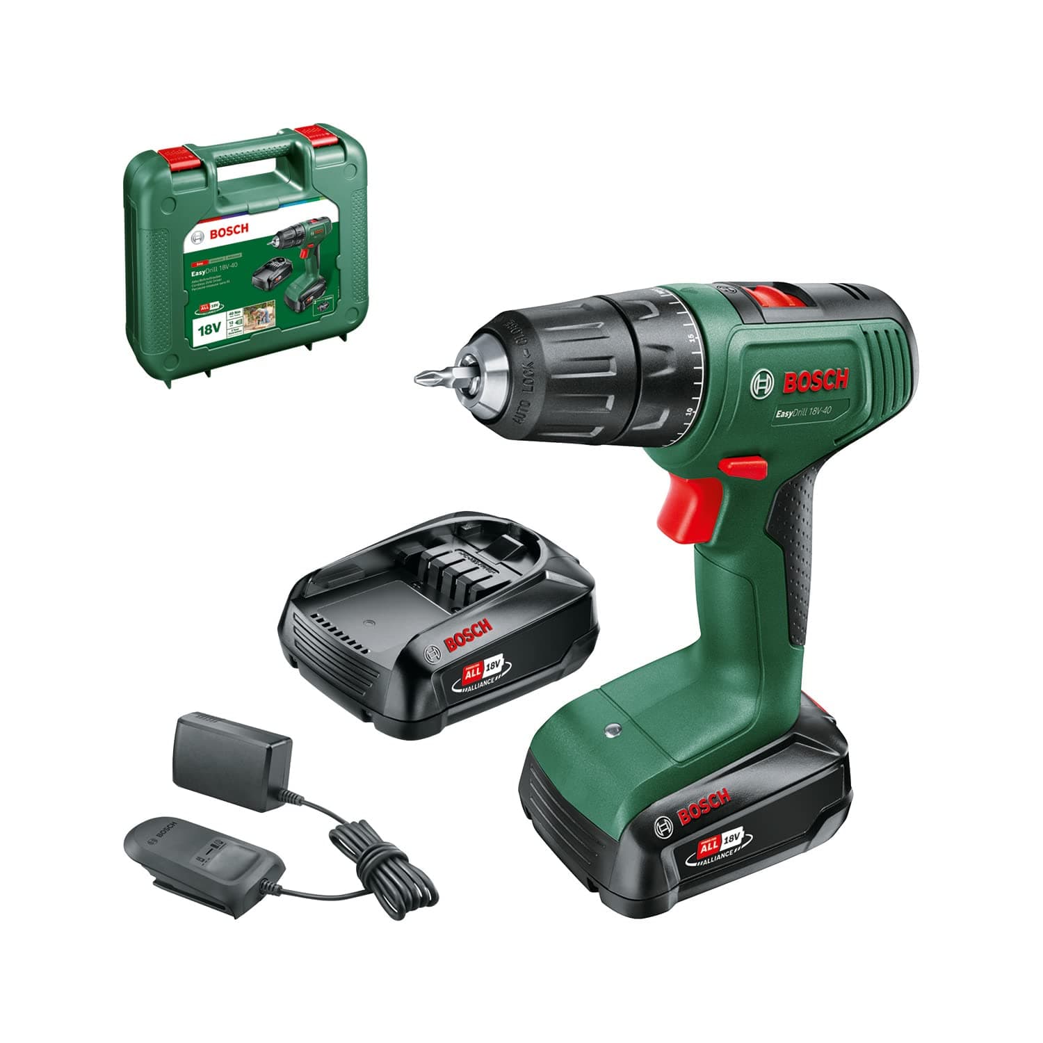 Bosch atornillador a batería EasyDrill 18V-40 (2 baterías de 2,0 Ah, sistema de 18 V, en maletín de transporte)