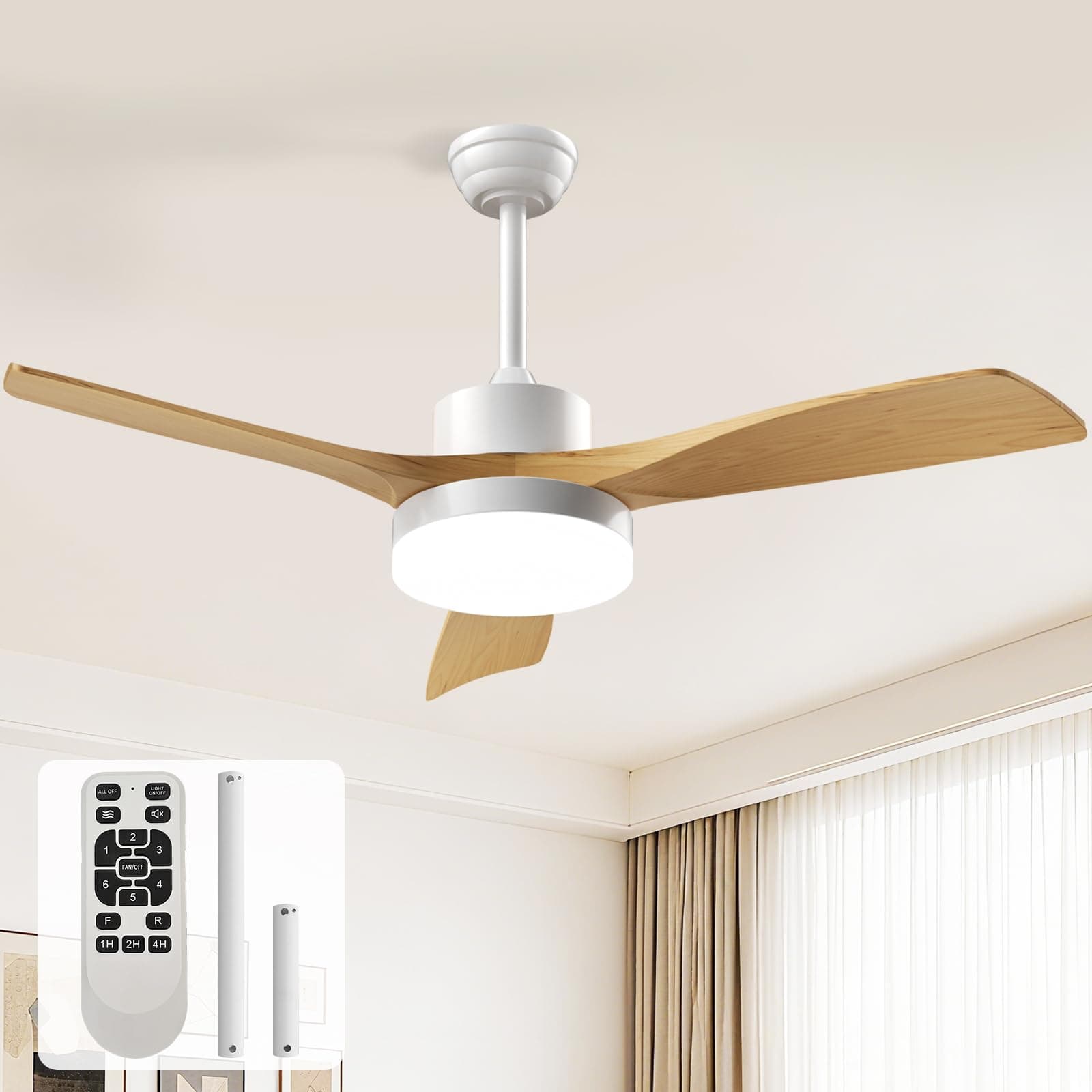 EppieBasic Ventilateur de Plafond avec Lumière Chambre: 132cm Ventilateur Plafond LED 3000LM - Moteur DC Silencieux avec Télécommande - 6 Vitesses, 3 Pales Bois, Design Moderne pour Salon