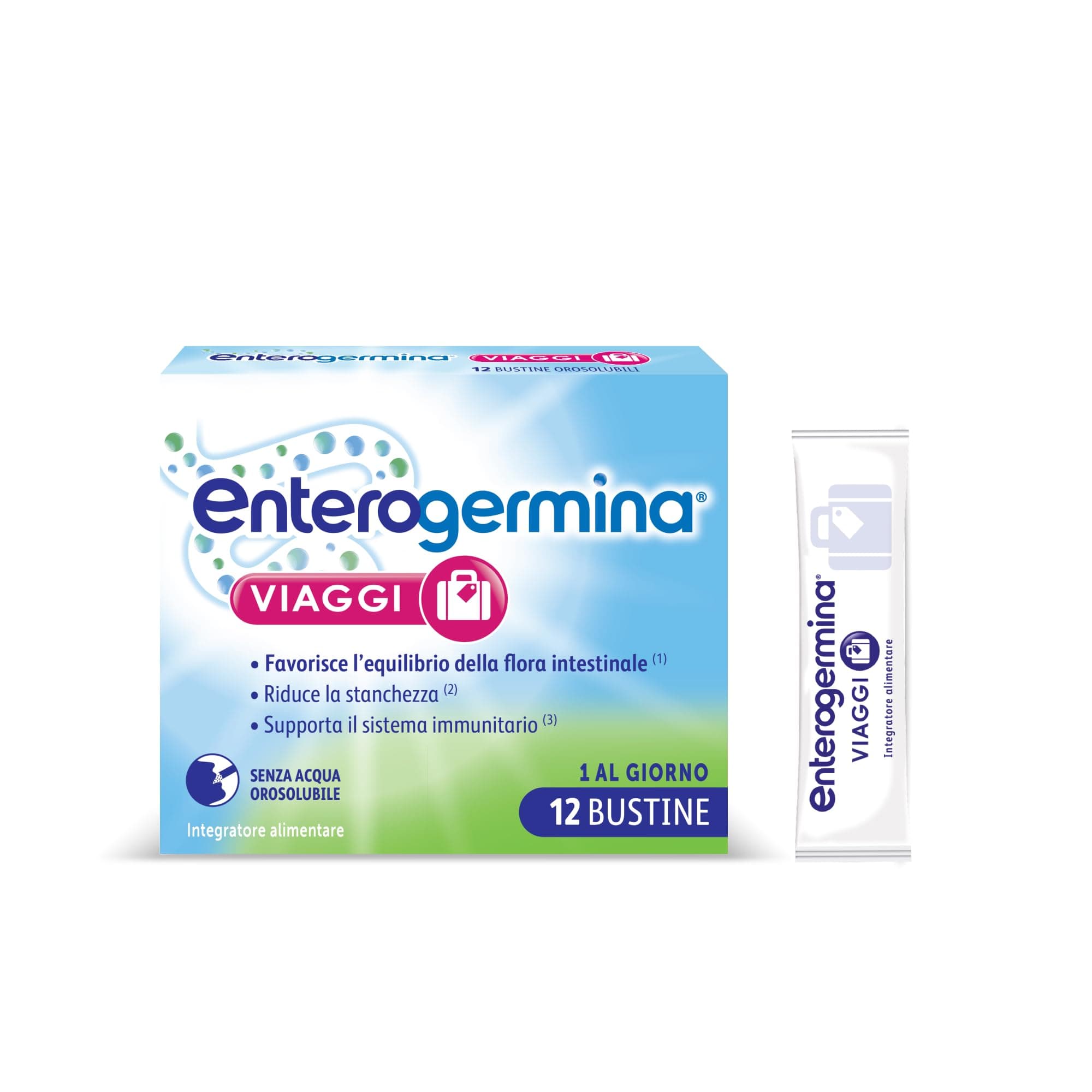 Enterogermina Viaggi, Vitamina b12, Vitamina d, Fermenti Lattici Probiotici, per Adulti - Integratori per Flora Intestinale in Viaggio, Stanchezza e Sistema Immunitario (12 Bustine Gusto Fragola)