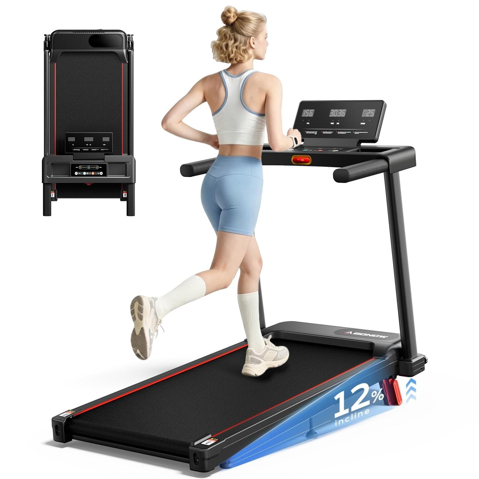 Abonow Tapis de Marche Inclinable 12% – Vitesse 1,0–10 km/h, Moteur Silencieux 3.0 CH, Tapis Roulant Pliable Compact avec Rampe, 3-en-1 Marche/Jogging/Bureau, Charge Max. 136 kg