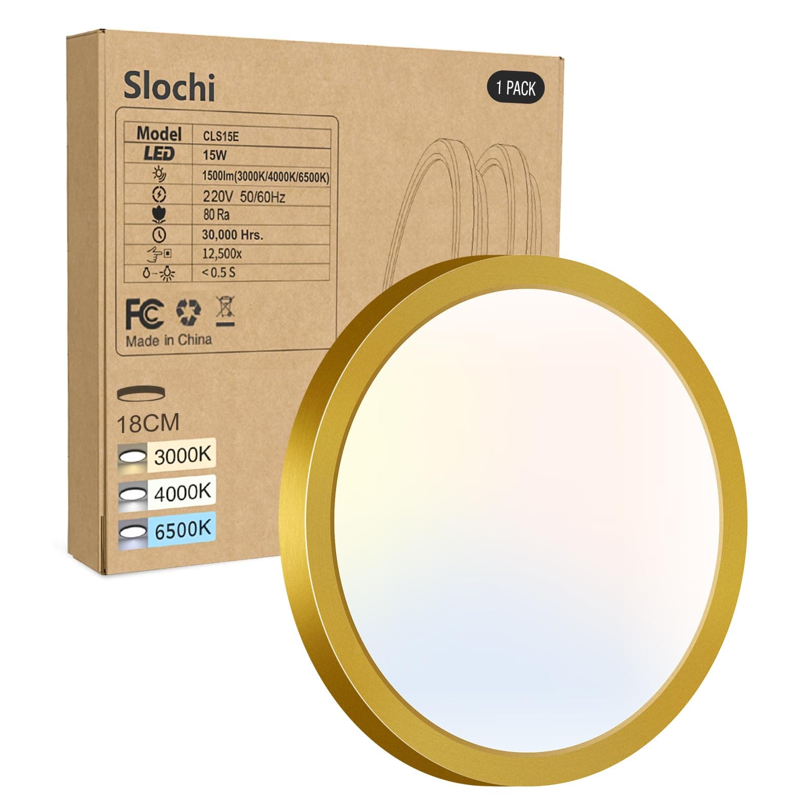 slochi Plafoniera LED Soffitto, 3000K/4000K/6500K Impermeabile Dorato Lampada da Soffitto, 1500LM 15W Plafoniera Bagno per camera da letto, Cucina, Soggiorno, Balcone, Ø18cm