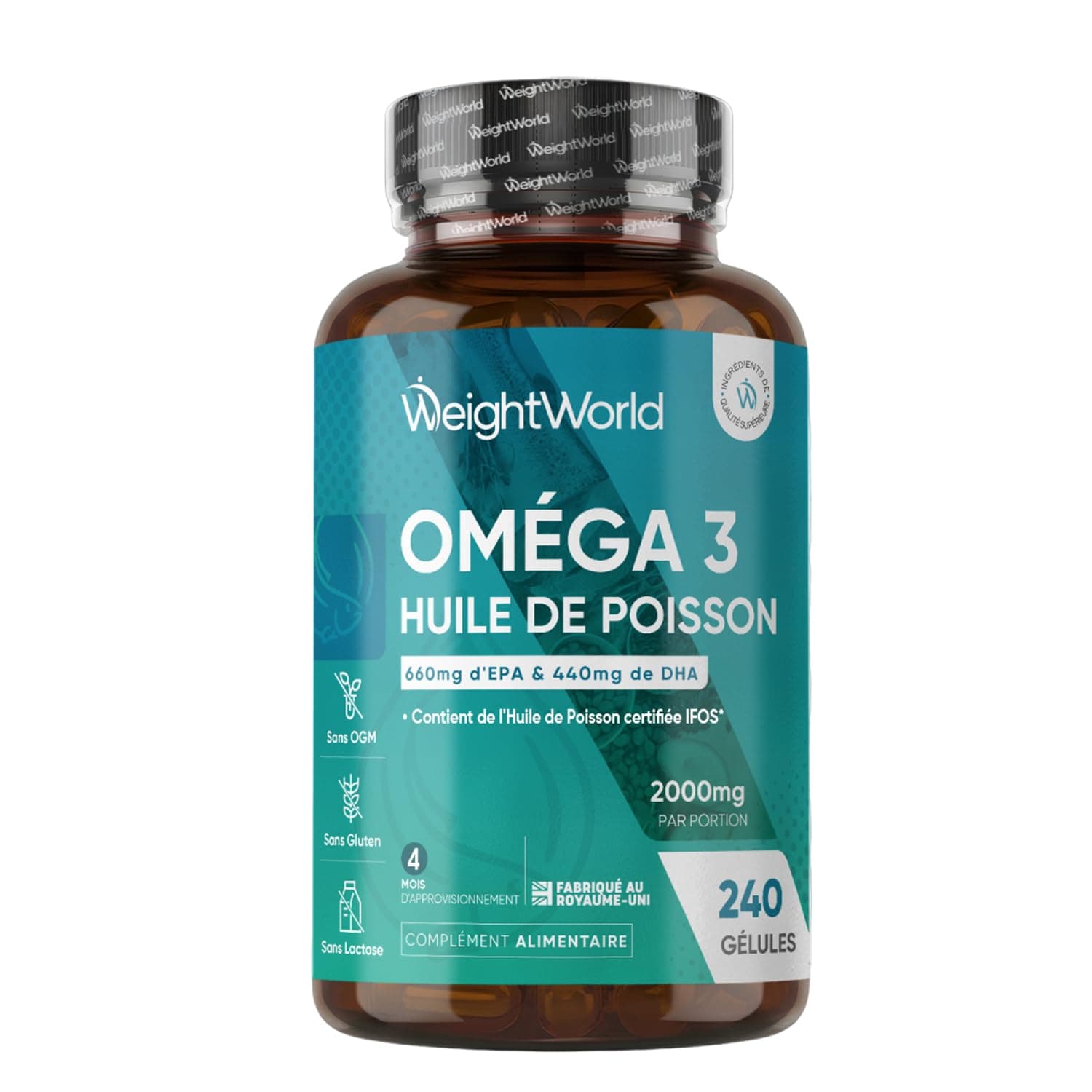 Oméga 3 Huile de Poisson Gélules 2000mg, 240 Gélules Fish Oil Omega 3 | avec EPA 660mg & DHA 440mg, Fish Oil Omega 3 sans Odeur ni OGM & sans Gluten ni Lactose