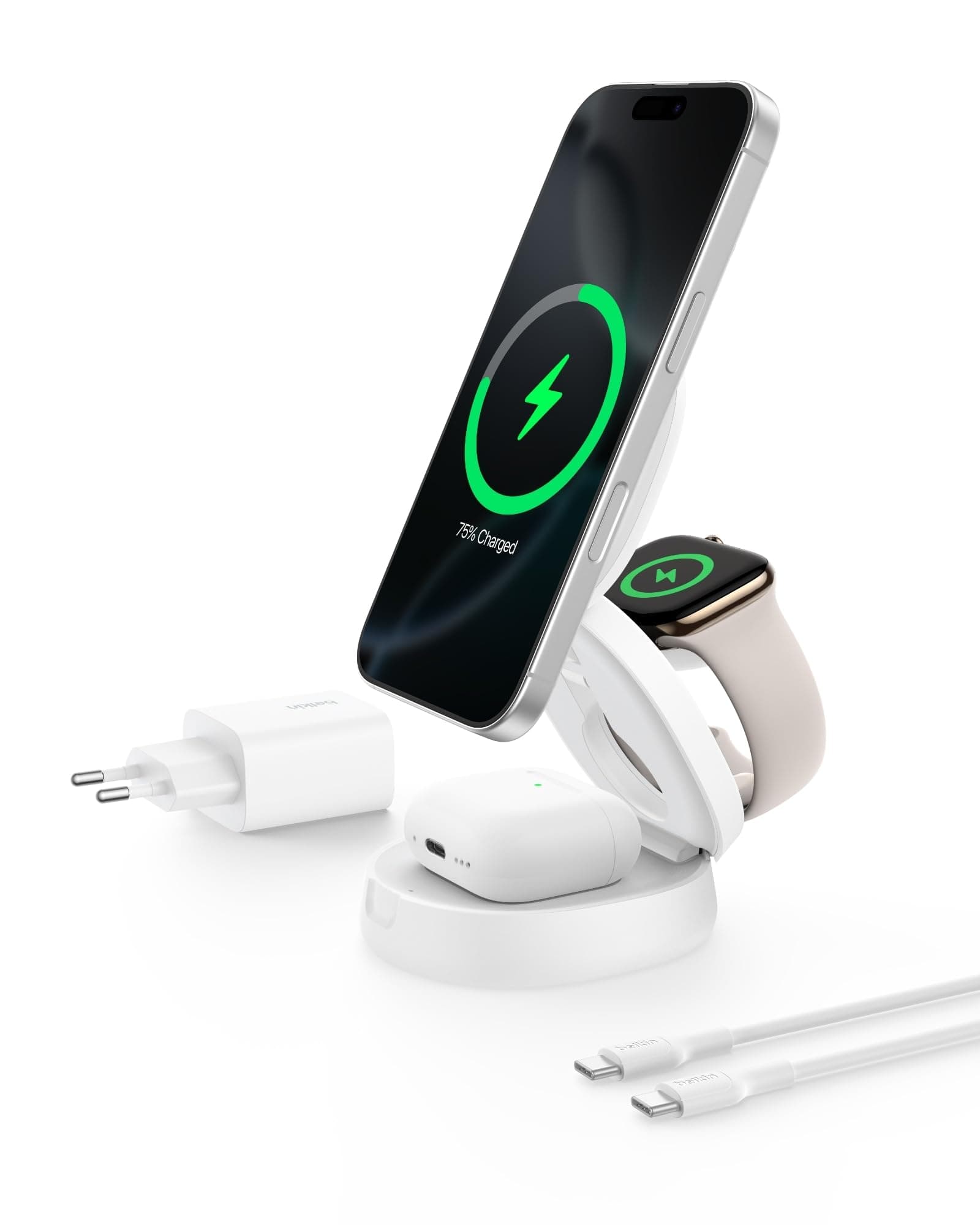 Belkin BoostCharge Cargador Inalámbrico Magnético Convertible Qi2 15W | Plegable, Certificación Qi2, Estación de carga 3 en 1 MagSafe, iPhone, Apple Watch y AirPods y con Cargador Pared 36W