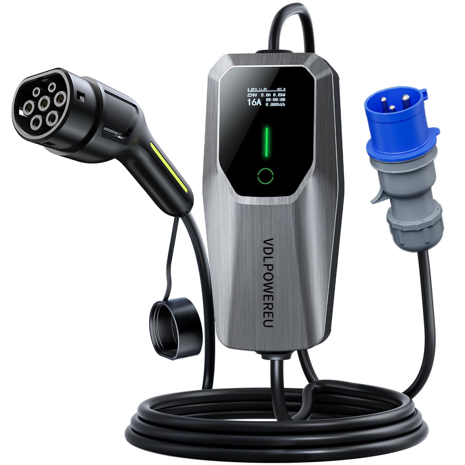 Cavo Ricarica Auto Elettrica Tipo 2, 7.36 KW | 6-32A Colonnina Ricarica Auto Elettrica, VDLPOWEREU 5M Monofase CEE 3 pin Caricatore EV con Corrente Regolabile da 6A/8A/10A/13A/16A/20A/32A, IEC 62196-2