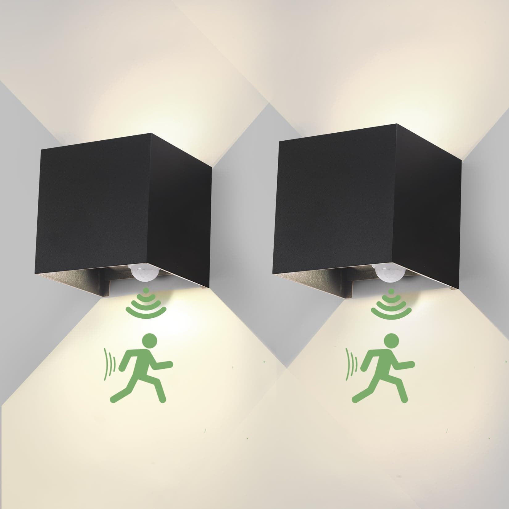 wisdom line Lampada a parete con Sensori di Movimento Applique Cubo a LED IP65 per interno/esterno 12W Regolabile 1020lumen Moderno Alluminio IP65 Impermeabile 2 pezzi (Nero, Luce Naturale 4000K)
