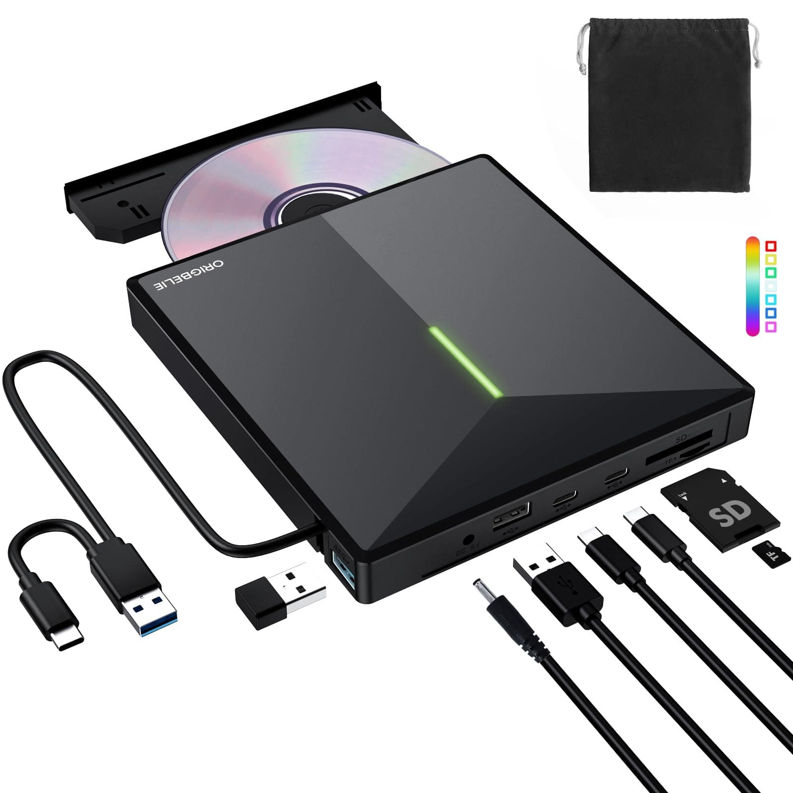 ORIGBELIE Masterizzatore DVD Esterno con 4 Porte USB e 2 Slot per Schede TF/SD, USB 3.0 Tipo C Portatile Lettore CD Esterno per PC Portatile Laptop Desktop MacBook Windows 11/10/8/7 Vista Linux Mac OS