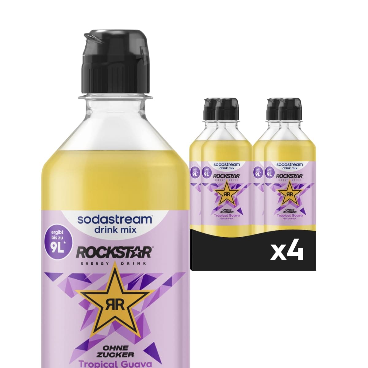 Sodastream drink mix Rockstar Energy Tropical Guava ohne Zucker – zuckerfreier Sirup für gesprudeltes & stilles Wasser, 4er Pack (4 x 440 ml), ergibt bis zu 9L Fertiggetränk