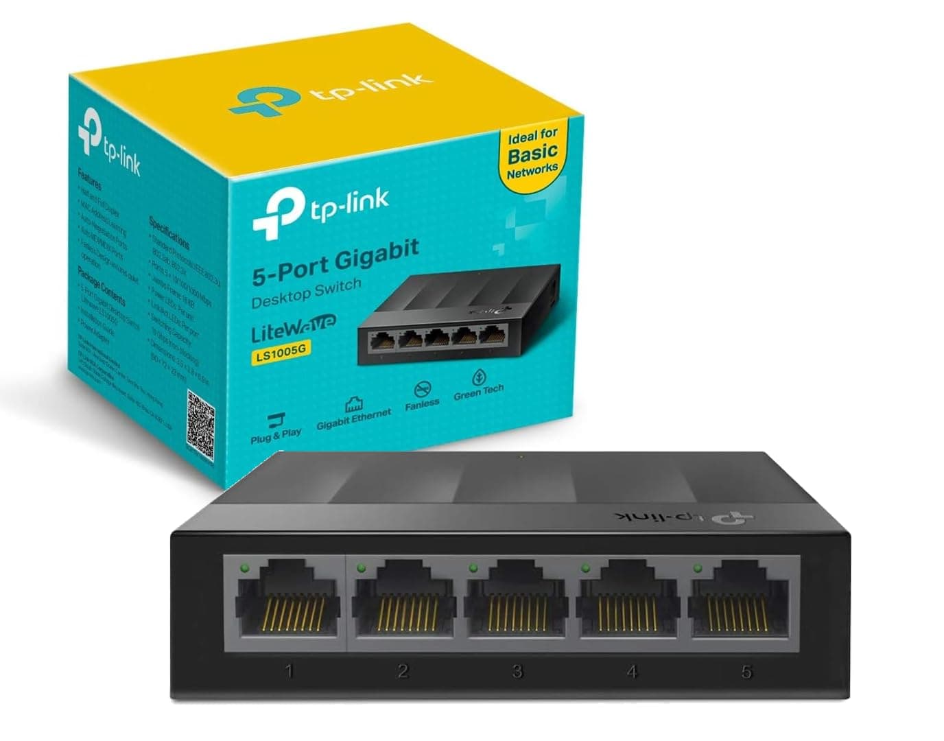 TP-Link LS1005G 5-Port Desktop Switch (5 x Gigabit Auto-Negotiation RJ45 Ports, IEEE 802.3X, Plug and Play, energiesparend, Plastikgehäuse für einfache Tisch- oder Wandmontage) schwarz