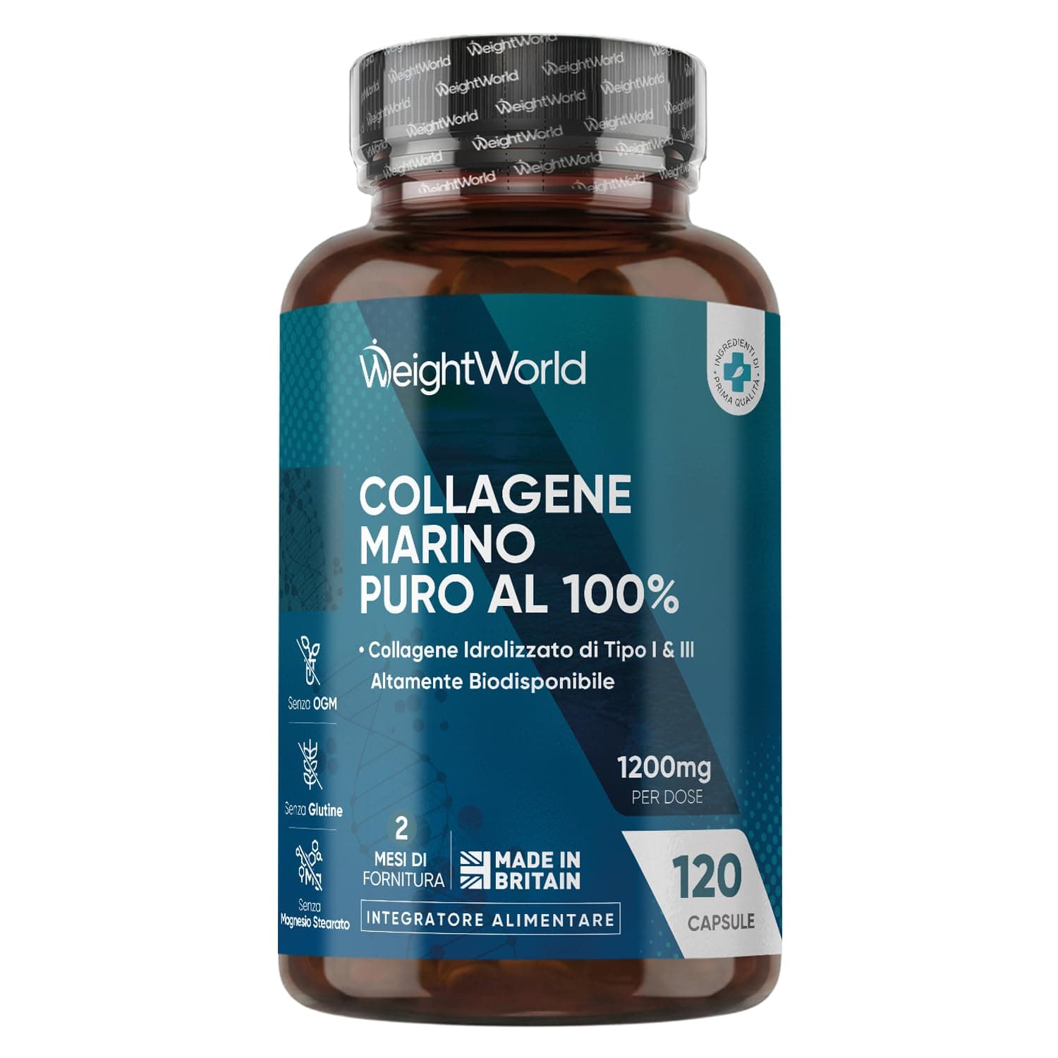 Collagene Marino Idrolizzato da 1200mg per Dose, 100% Puro, in 120 Capsule, Peptidi di Collagene Idrolizzato di Tipo 1 e 3 (2 Mesi di Scorta), Privo di Magnesio Stearato e Senza Glutine né Additivi