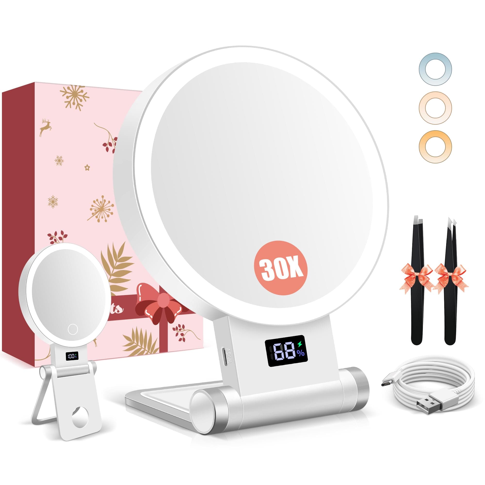 B Beauty Planet 1X/30X Miroir Grossissant avec Lumière, Affichage de La Batterie, Support 4-en-1, Double Face, 3 Couleurs Réglables, 2000mAh, Pinces Incluses, Pliable – pour Maison & Voyage