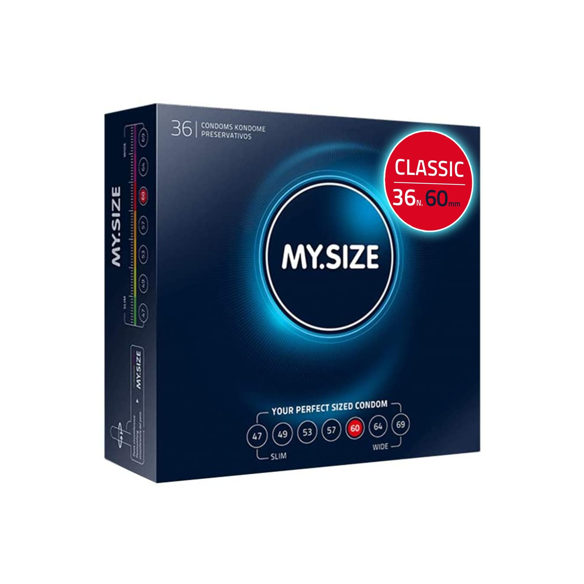 MY.SIZE Preservativi classici misura 5 | 60 mm di larghezza | 36 pezzi confezione mega | premium extra sottili | fedeli al tatto | 0,07 mm di spessore delle pareti