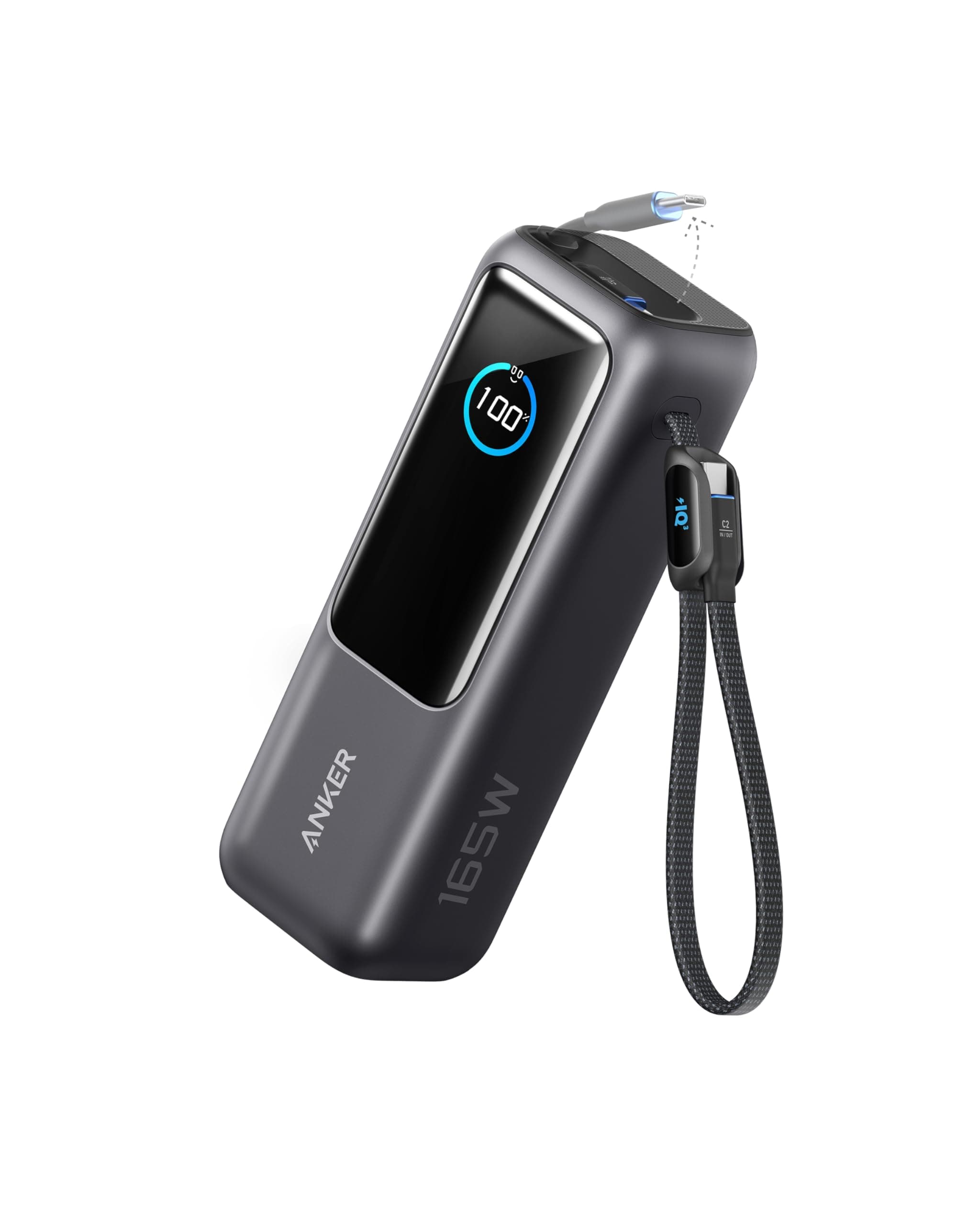 Anker Laptop Powerbank 165W 25000 mAh, Ladegerät mit 70cm ausziehbarem Kabel & Trageband, 3 USB-C Ports für Laden mehrerer Geräte, Für MacBook Pro, iPhone 17/16/15, Samsung und mehr (flugzeugtauglich)