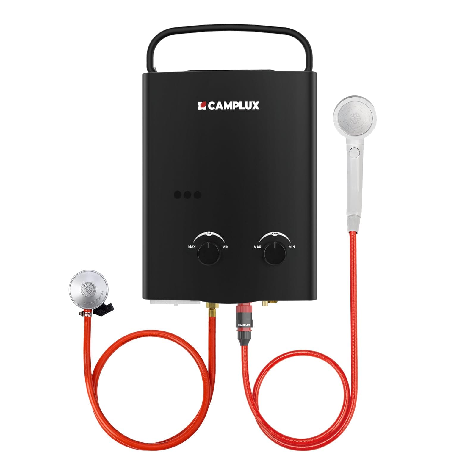 Camplux AY132B Calentador de Agua de Gas sin Tanque con Asa Plegable Portátil, 5L/min, para el Viaje, RV, Campamento, Caballos, Negro