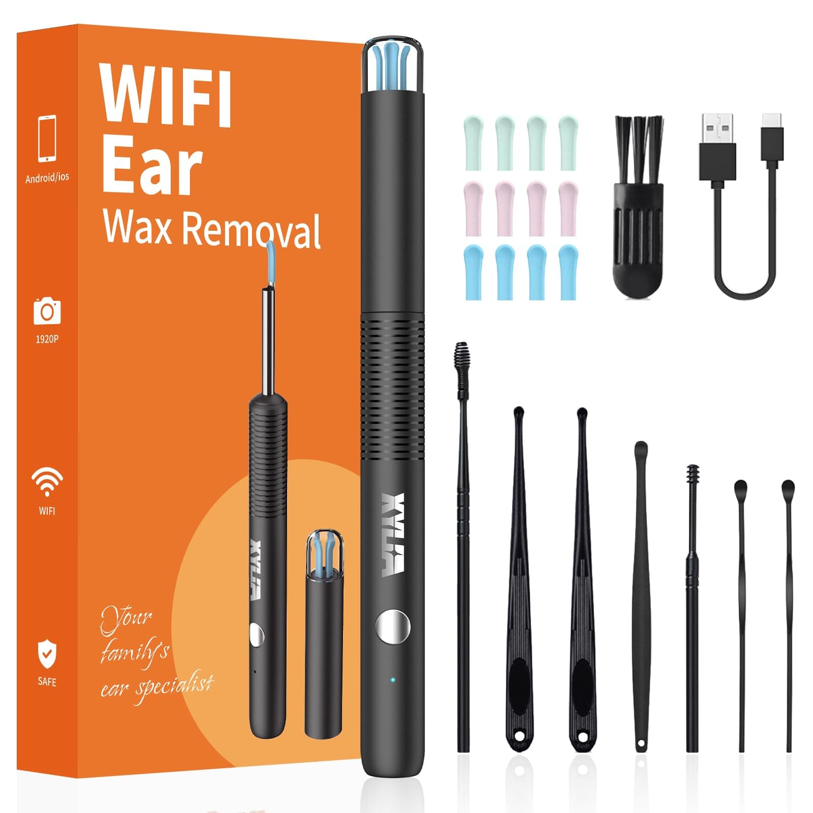 Xylla Otoscopio Pulizia Orecchie con Telecamera Ultra HD 1920P 3,5mm,Endoscopio Professionale WIFI Con 6 Luci LED,Pulizia Orecchie Impermeabile IP67,Compatibile con Android e IOS (Nero)