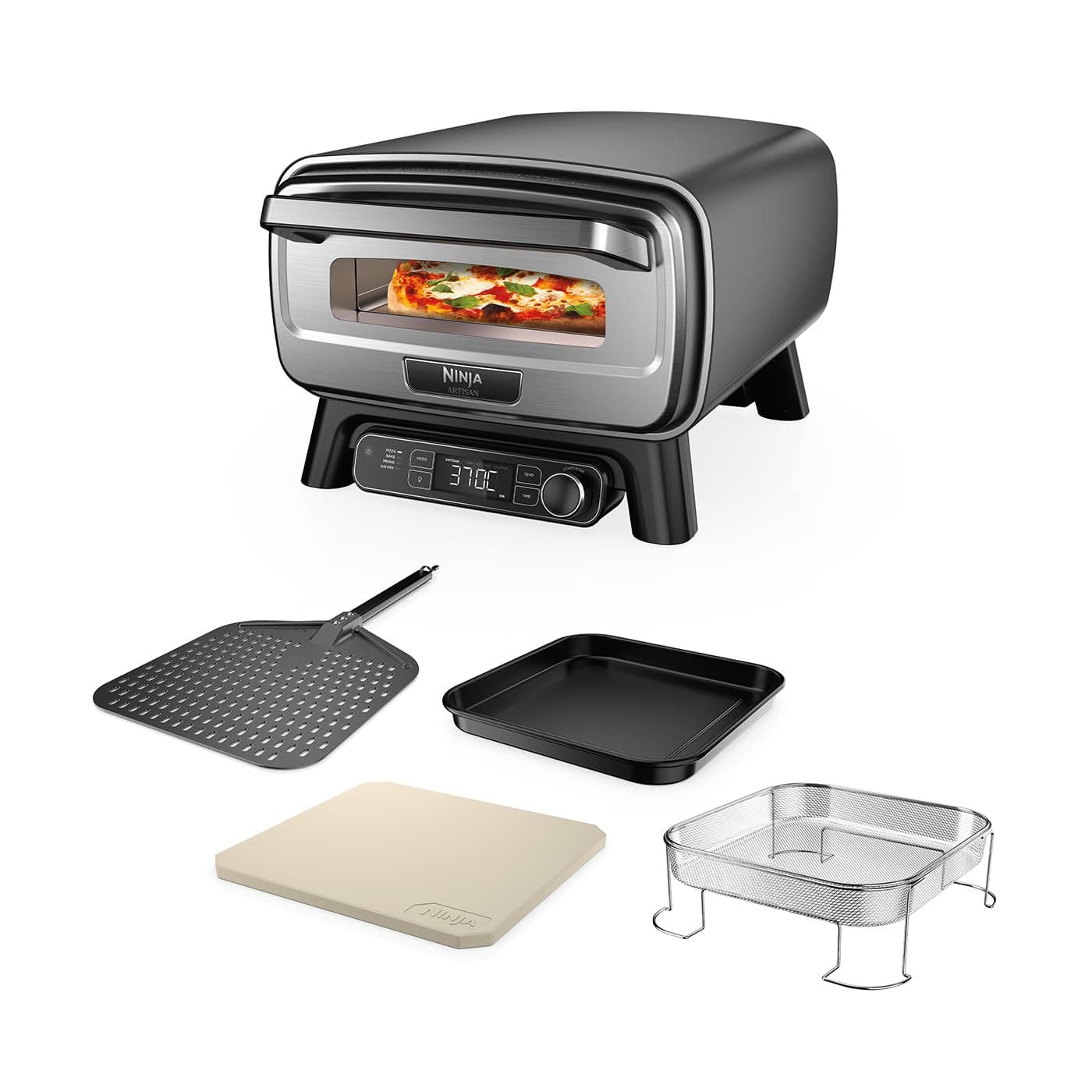 Ninja Artisan Horno air fry y pizza de exterior, 4 funciones: Pizza, Freír con aire, Hornear, Fermentar, 5 ajustes de pizza, Piedra de 30 cm, Pala, Bandeja, Cesta para freír con aire, Gris MO201EU
