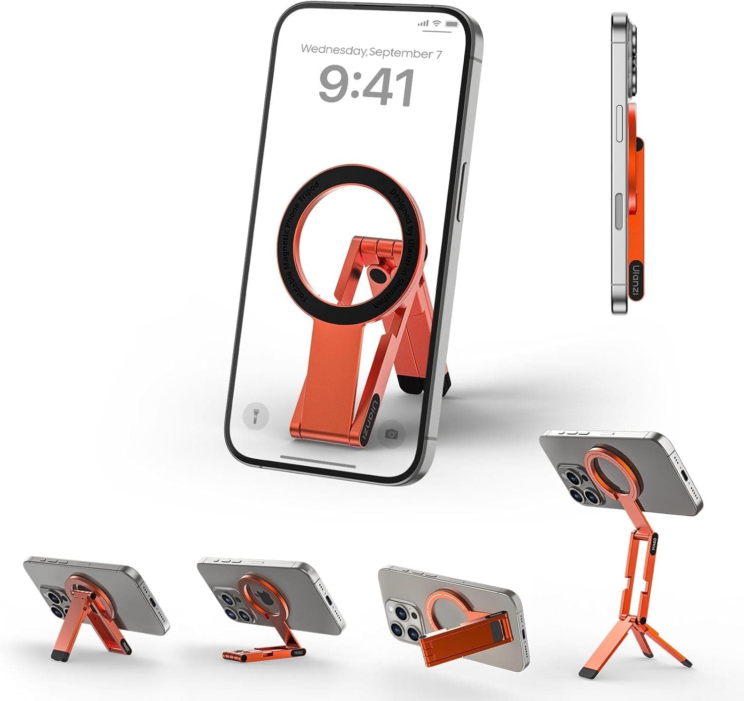 ULANZI MA60 Magnetisches Handy-Stativ, 3in1 Aluminium Mini Selfie Stick, Faltbar Taschen-Handy-Ständer, 14 N Doppelseitiger Magnet, kompatibel mit iPhone 17 16 15 14 13 12, Magsafe, Sumsung, Orange