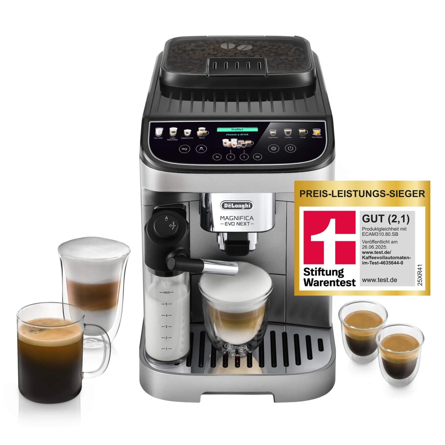 De’Longhi Magnifica Evo Next - Perfetto Kaffeevollautomat mit LatteCrema-Milchaufschäumer, 13 One-Touch-Getränke, Coffee- und Cappuccino Kaffeemaschine, farbiges Touch-Display, Titan (ECAM312.80.SB)