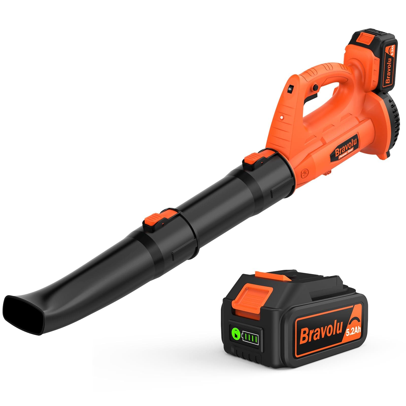 Soplador de Hojas, Bravolu Soplador con Baterías Recargables de 5,2 Ah y Cargador, Flujo de Aire de 240 km/h, 6 Velocidades Soplador de Hojas Eléctrico