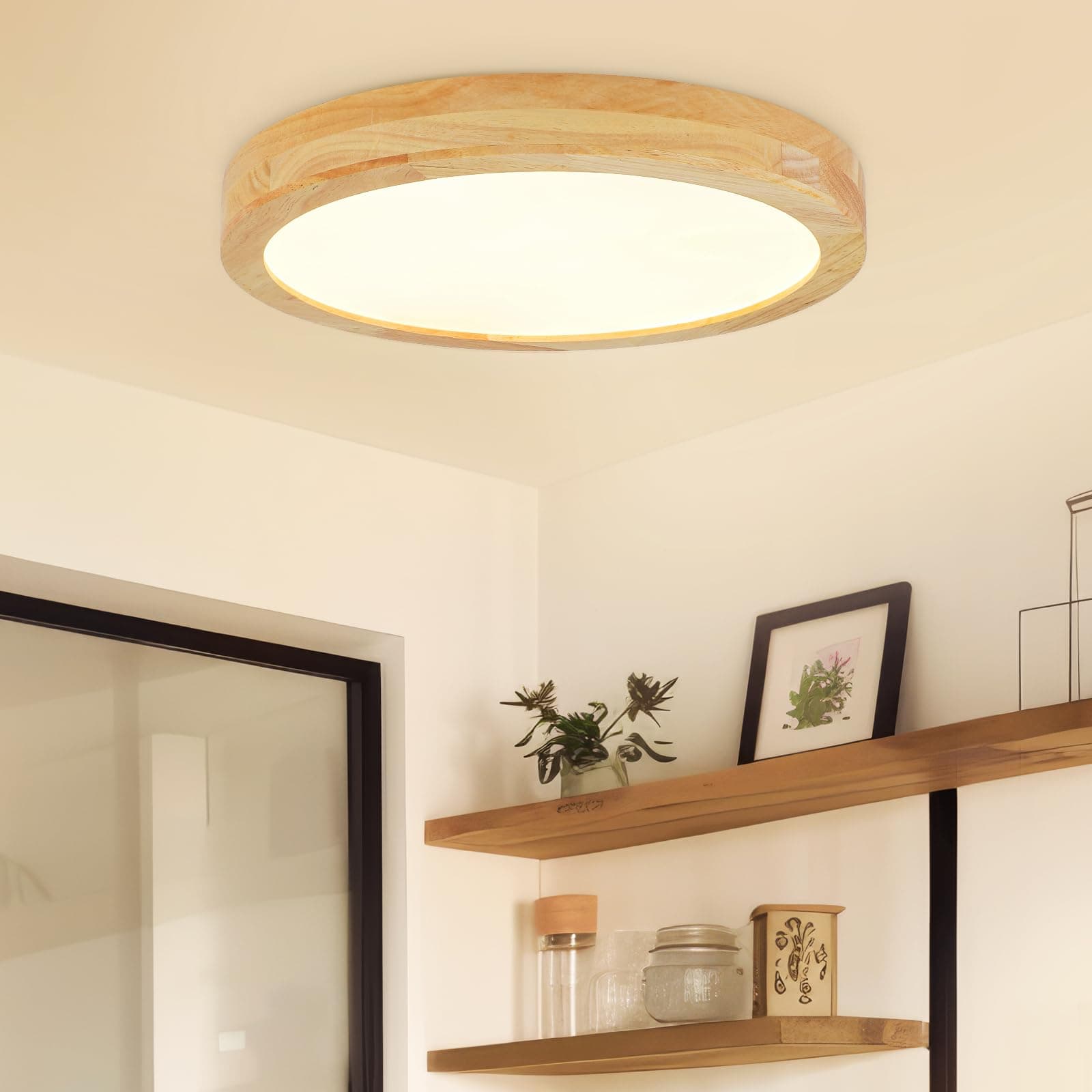 Kambo LED Lampara de Techo Madera 3000K, Blanco Cálido Lampara Techo 3100Lm 24W Ø30cm, Plafon Techo Madera Redondo para Dormitorio, Salón, Cocina, Comedor, Pasillo