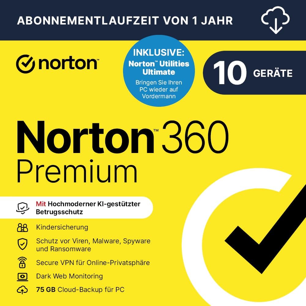 Norton 360 Premium + Utilities Ultimate 2026 | 10 Geräte | 1 Jahr |Aktivierungscode per Email