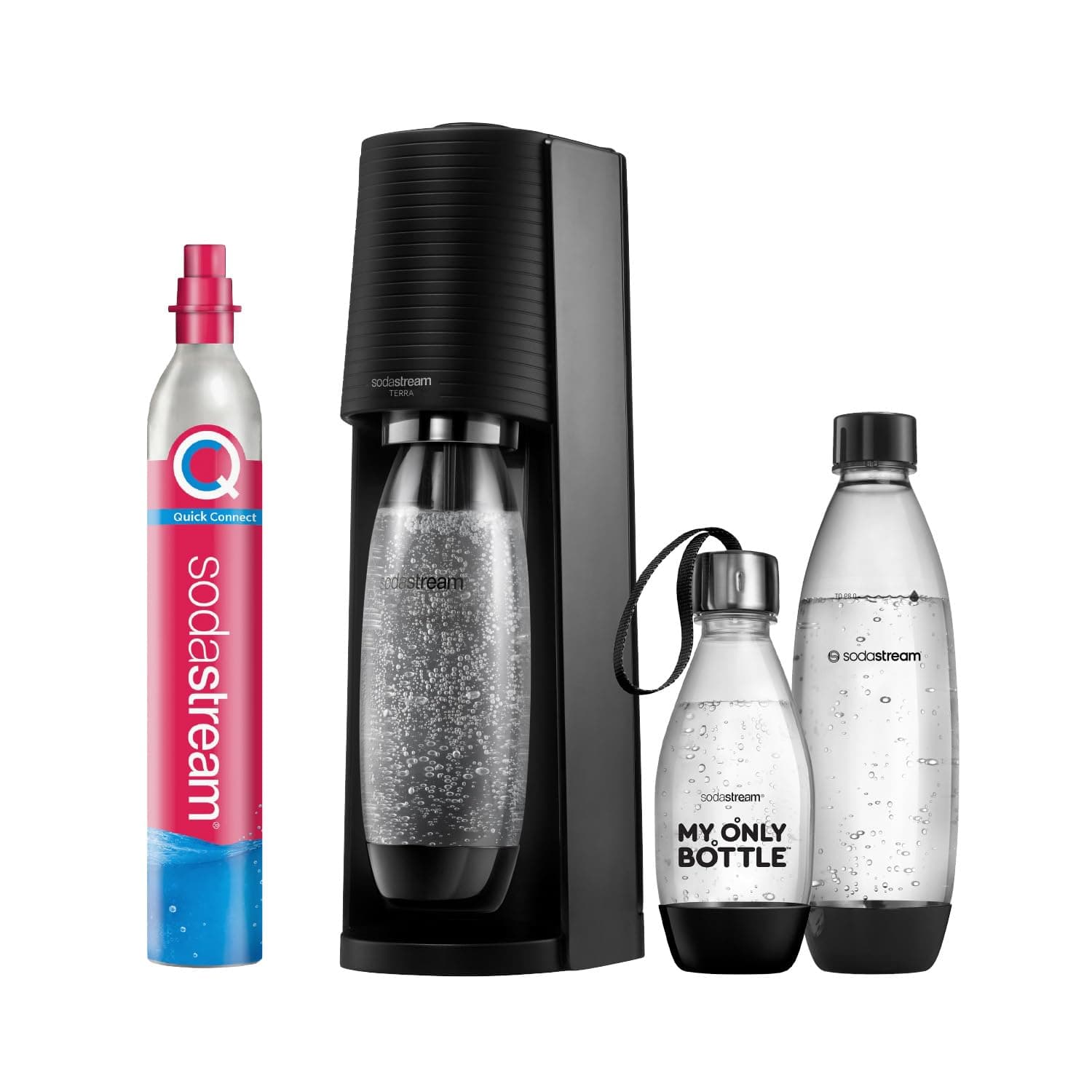 Sodastream Terra – Machine à eau pétillante avec système CO₂ Quick Connect, cylindre de gaz 60L et 2 bouteilles 1L + 1 bouteille 0,5L sans BPA inclus, noire