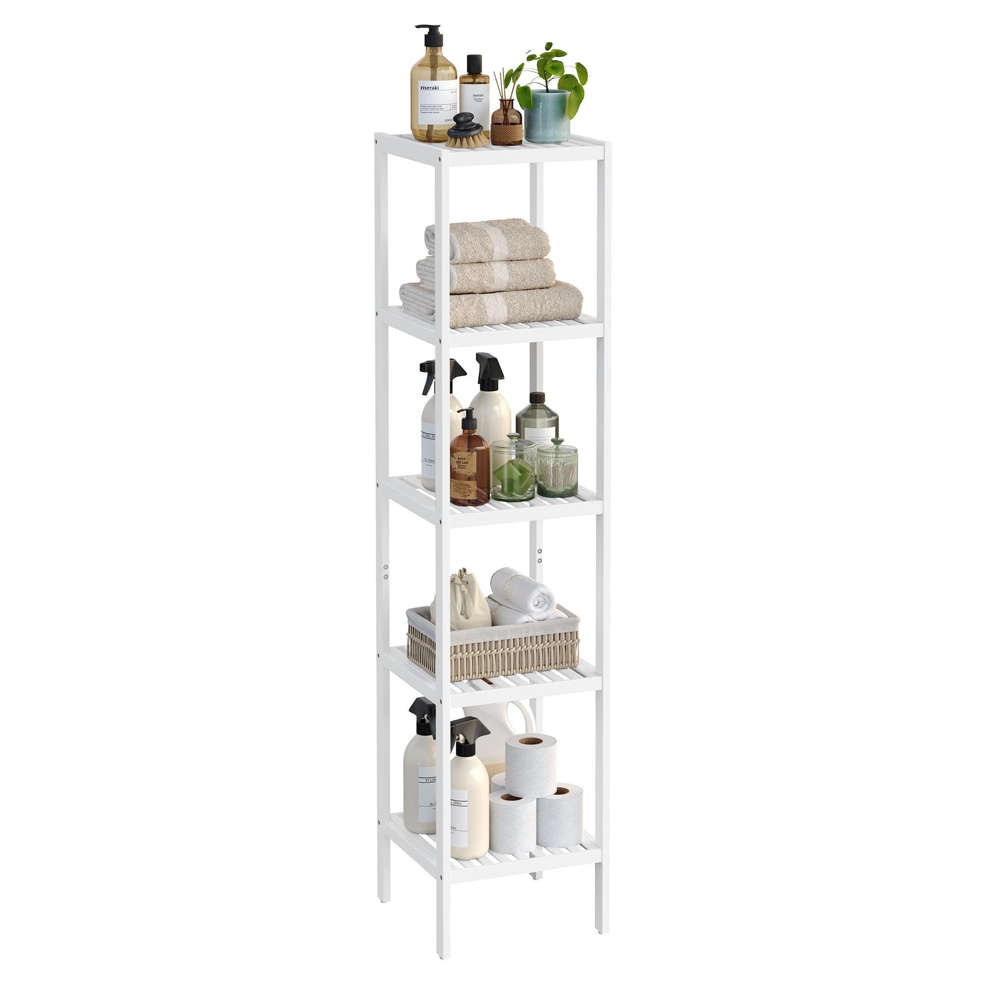 SONGMICS Estantería de Baño de 5 Niveles de bambú, Estantería Estrecha, Multifuncional, Estantería Esquinera, Cocina, Sala de Estar, Dormitorio, Pasillo, Blanco Nube BCB055W01