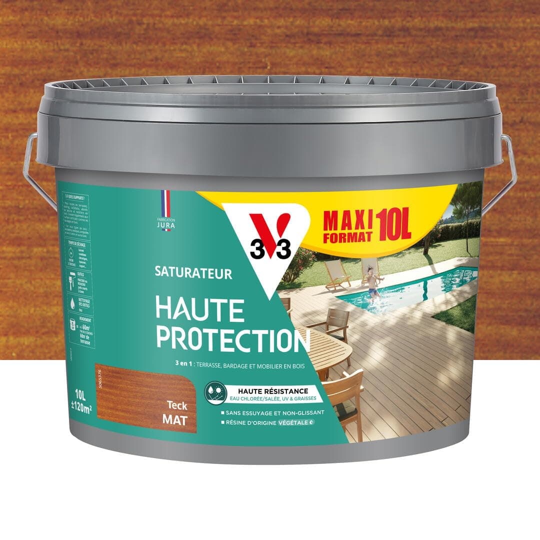 V33 Saturateur bois extérieur Teck mat - Pour terrasses et mobilier de jardin - Haute résistance eau chlorée, UV et graisse - Sans essuyage et non glissant - Résine d'origine végétale - 10L