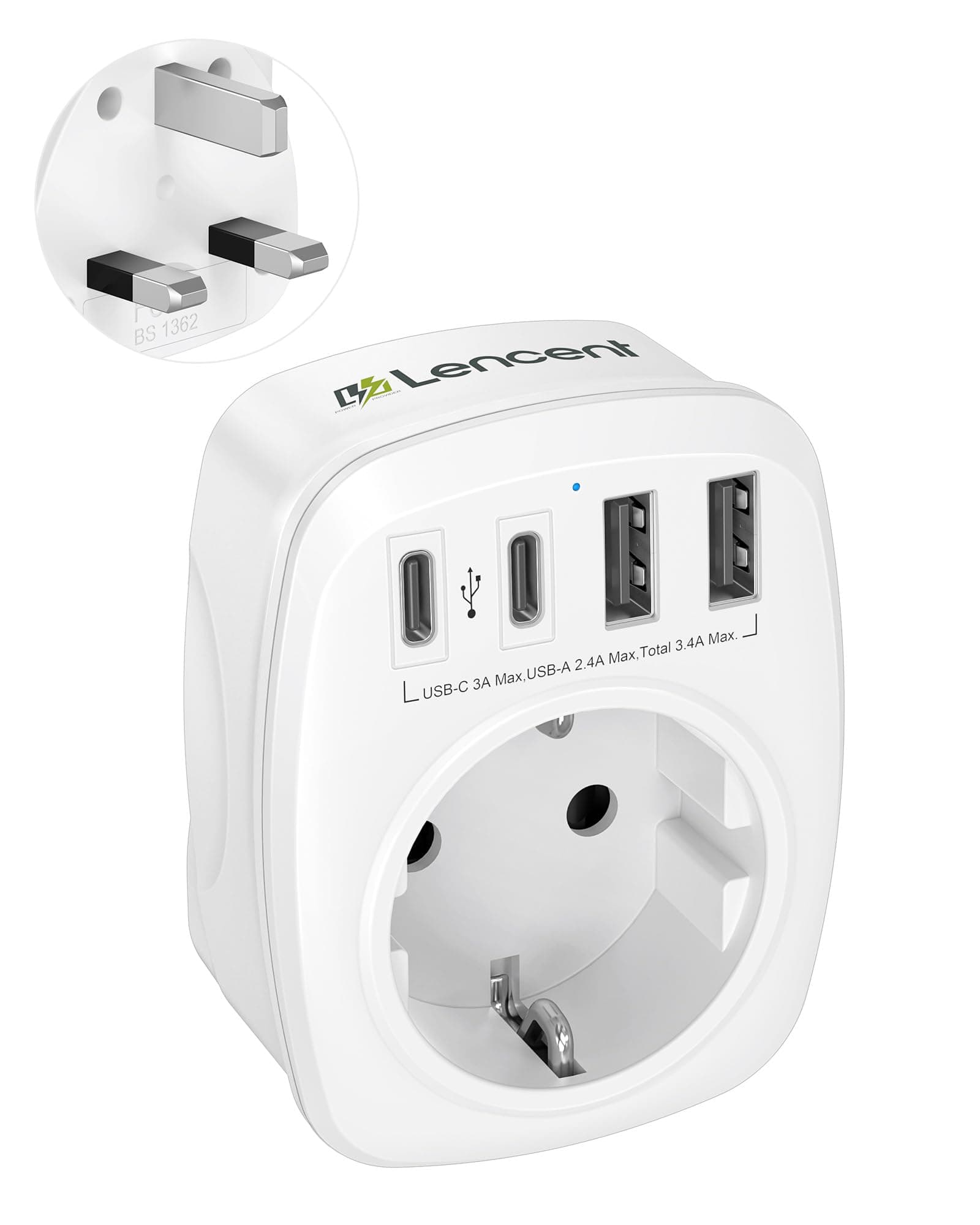 LENCENT Adaptador Enchufe Reino Unido, Cargador Inglaterra Viaje | con 2 USB-C y 2 USB-A, Adaptador Europa Portugal a UK para Escocia, Irlanda, Gales, Maldivas, Gran Bretaña, Tipo G